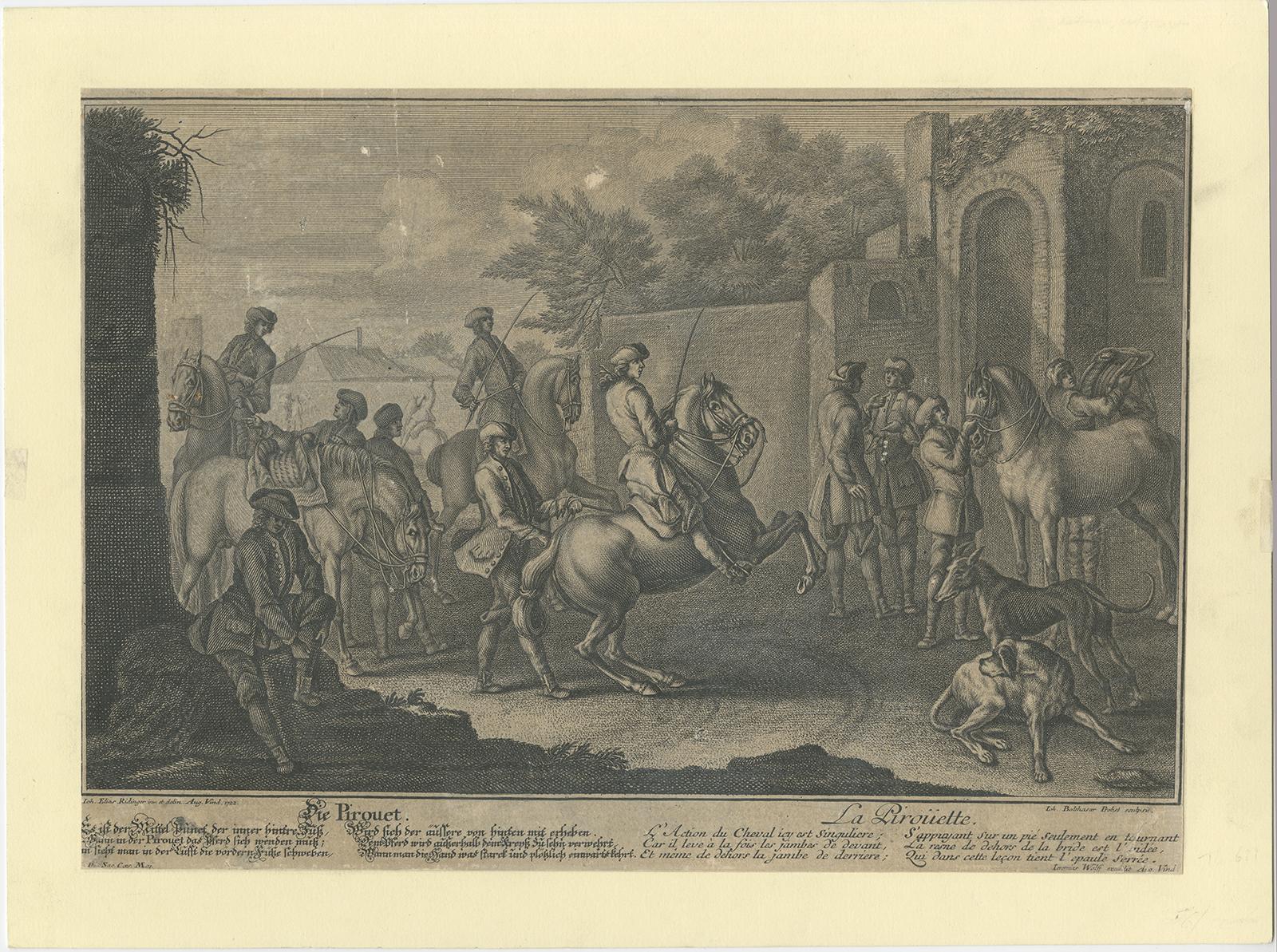 XVIIIe siècle Impression ancienne d'un cheval Pirouet par Ridinger (1722) en vente