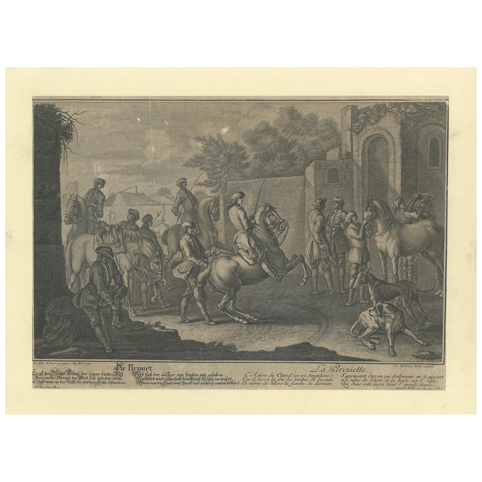 Antique Horse Print of a 'Pirouet' by Ridinger '1722'