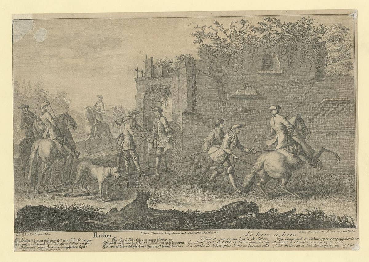 Antique Horse Print of a Redopp/Terre à Terre Training by Ridinger, 1722