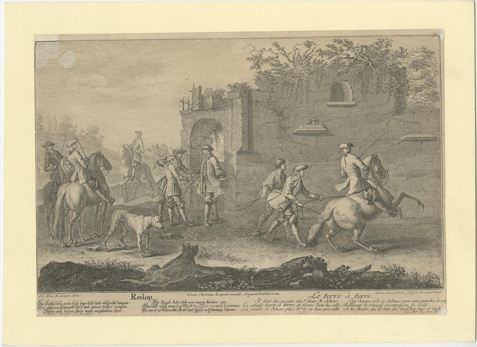 XVIIIe siècle Gravure ancienne de cheval d'un entraînement Redopp/Terre à Terre par Ridinger:: 1722 en vente