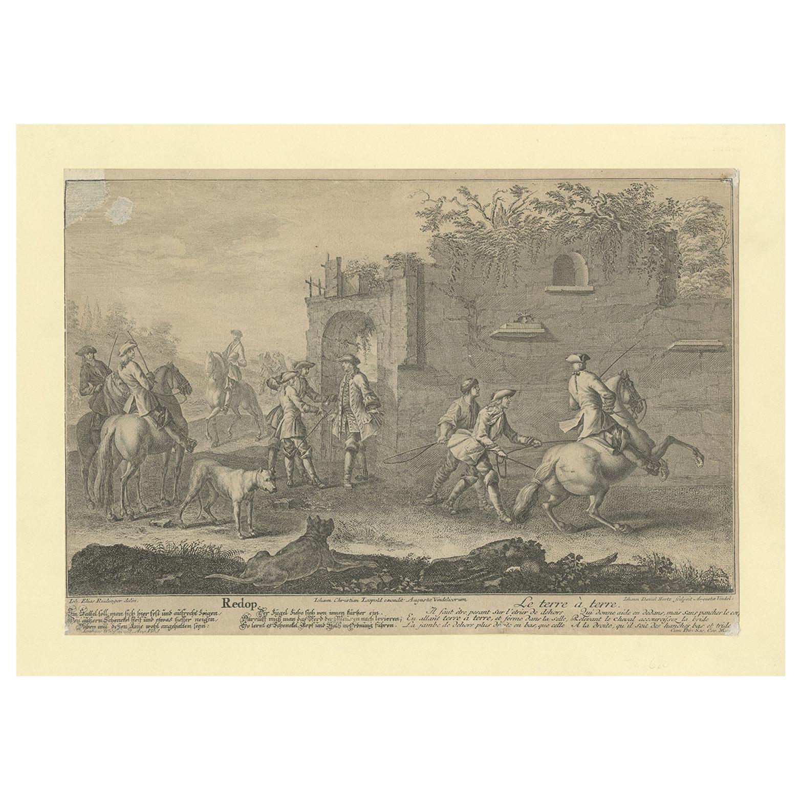 Antique Horse Print of a Redopp/Terre à Terre Training by Ridinger, 1722 For Sale