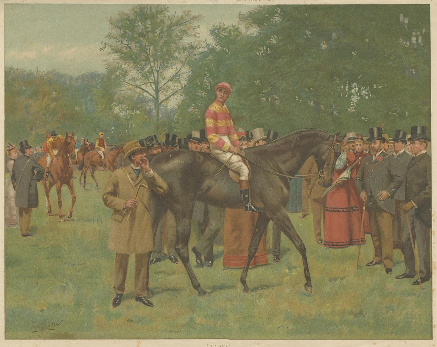 Antique print titled 'Ladas - Portrait of the Prime Minister's Favourite for the Derby, 1894'. Ladas (1891–1914) was a British Thoroughbred racehorse and sire. His career attracted an unusual amount of attention as his owner, Lord Rosebery, became