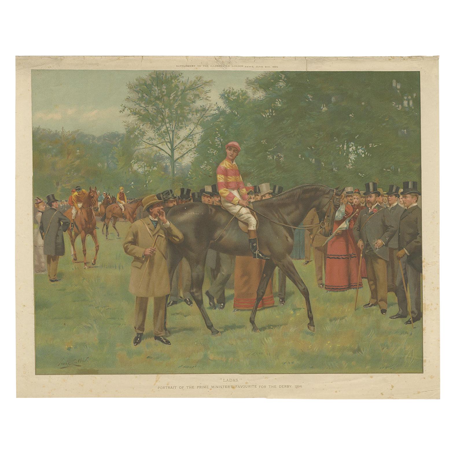 Antique Horse Print of 'Ladas' a British Thoroughbred Racehorse '1894' For Sale