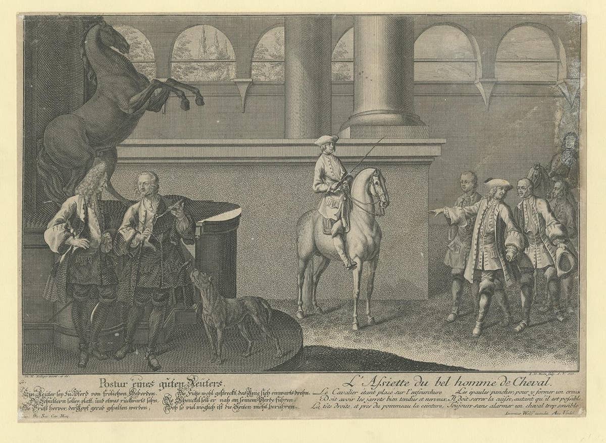 Antique Horse Print of the Correct Posture of Horsemen by Ridinger '1722'