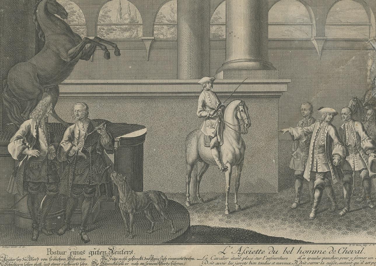 Antique Horse Print of the Correct Posture of Horsemen by Ridinger '1722' In Fair Condition For Sale In Langweer, NL