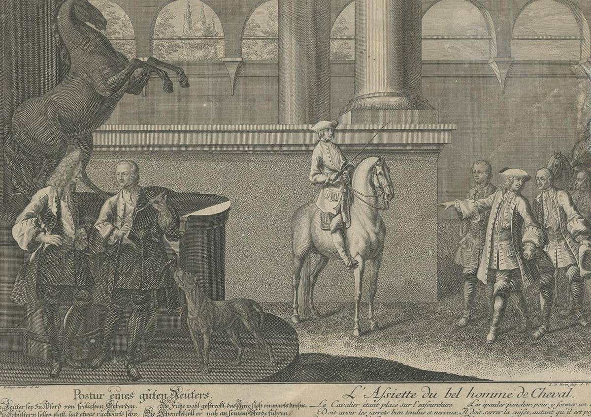 Antique Horse Print of the Correct Posture of Horsemen by Ridinger '1722'