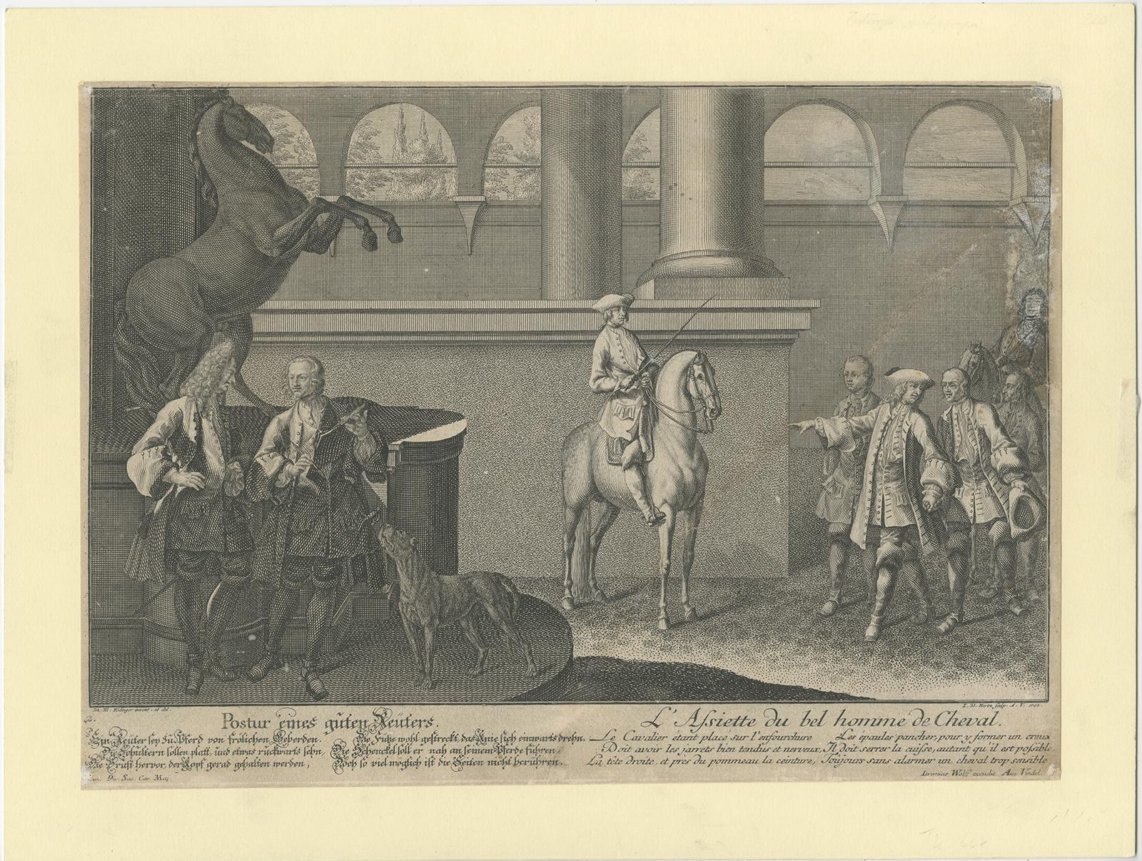 18th Century Antique Horse Print of the Correct Posture of Horsemen by Ridinger '1722' For Sale