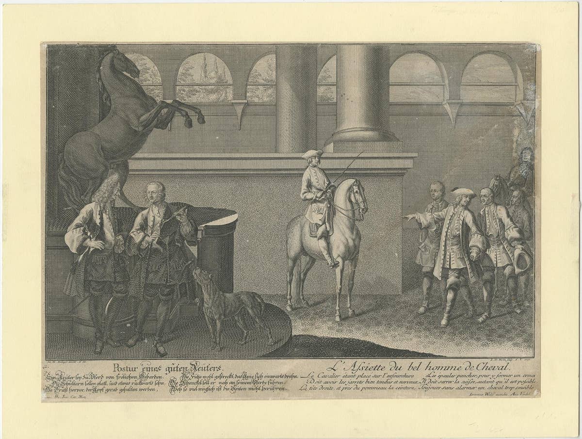 Antique Horse Print of the Correct Posture of Horsemen by Ridinger '1722'