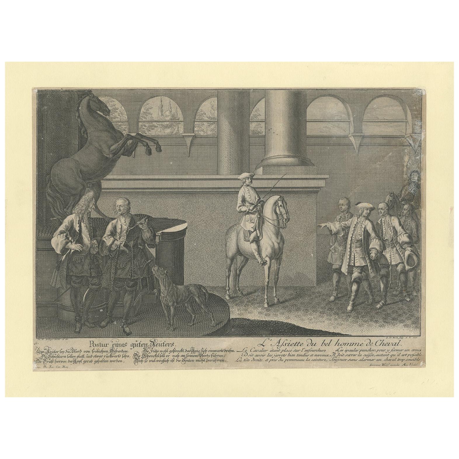 Antique Horse Print of the Correct Posture of Horsemen by Ridinger '1722'