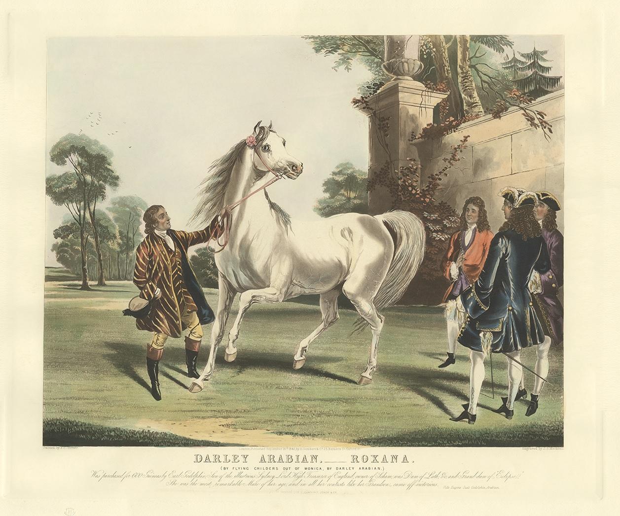 Antique print titled 'Darley Arabian - Roxana'. The Darley Arabian (foaled circa 1700) was one of three dominant foundation sires of modern Thoroughbred horse racing bloodstock, whose arrival in England during the reign of Queen Anne was the event