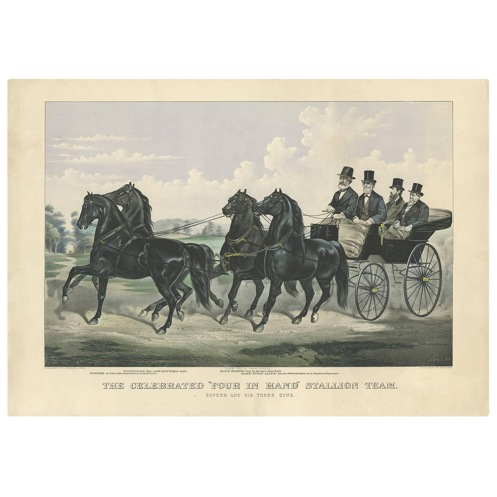 Antique Horse Print of the 'Four in Hand' Stallion Team by Currier & Ives, 1875