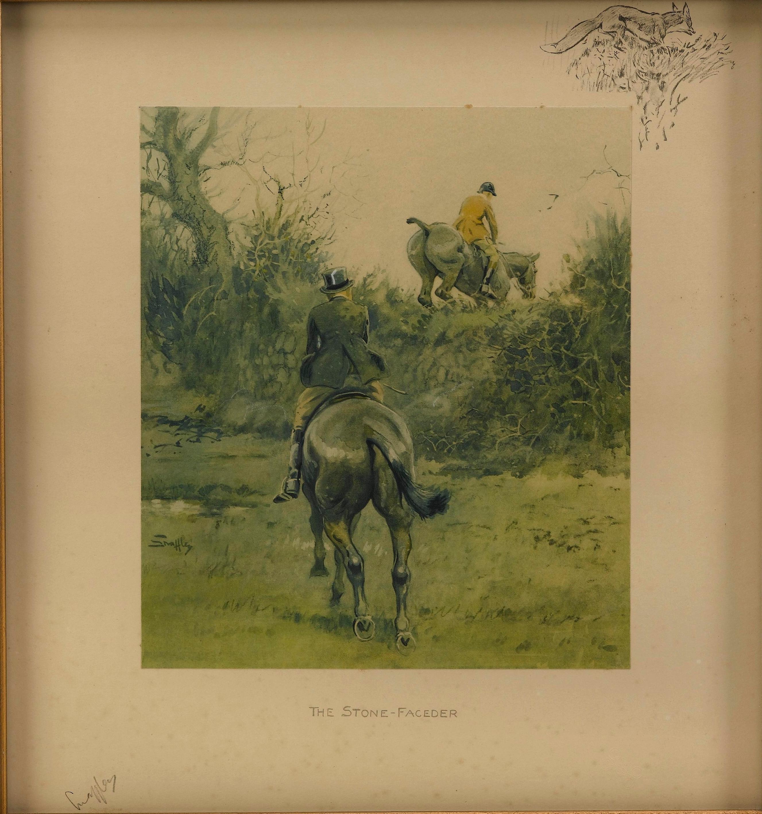 This is a hand-colored, remarked and signed Charles Johnson Payne lithographic print, entitle: The Stone Faceder. The border area of the art is sign by the artist using his known pseudonym - Snaffles. The print depicts equestrian style riding in the