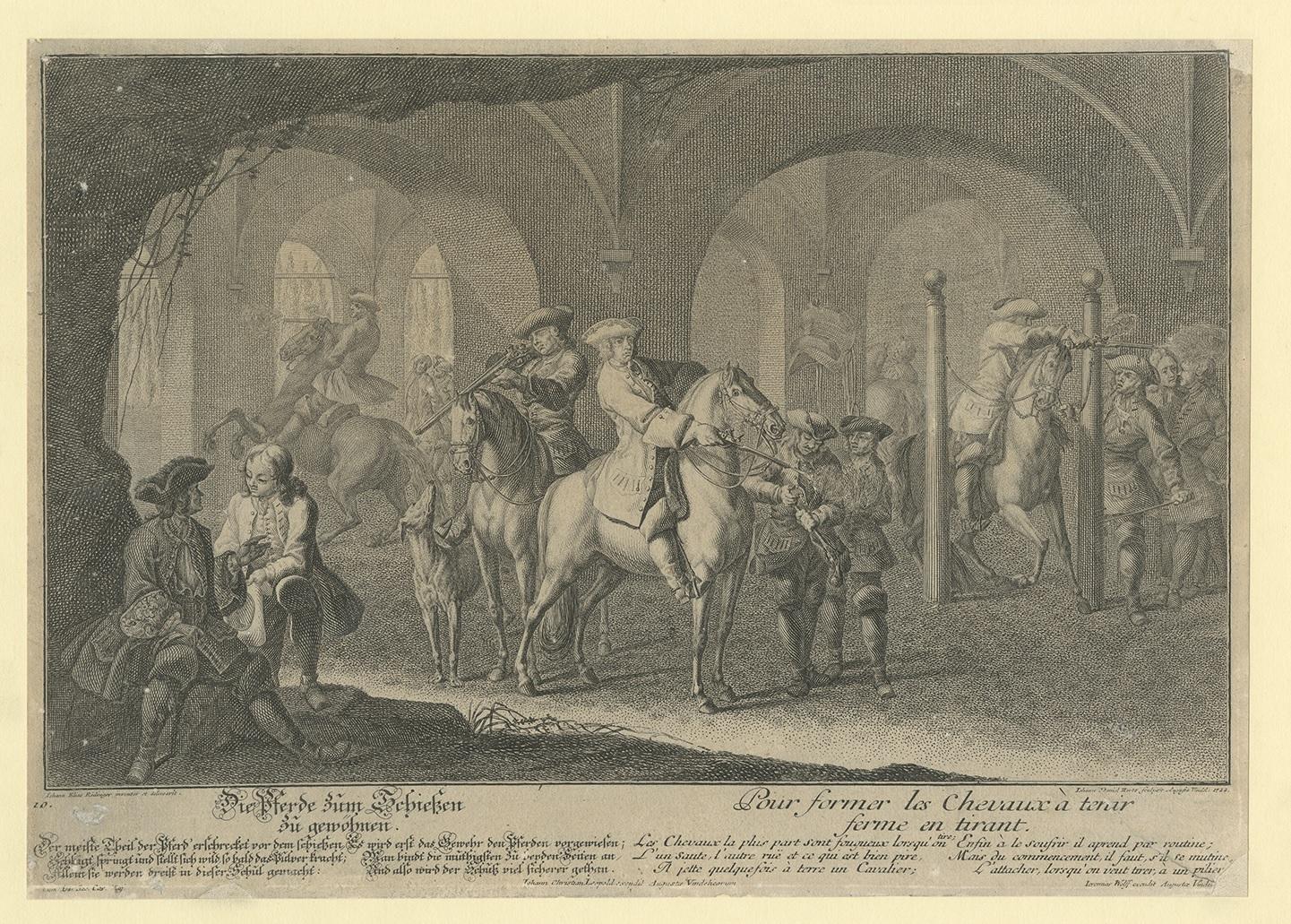 Antique print titled 'Die Pferde zum Schiessen zu gewöhnen - Pour former les Chevaux à tenir ferme en tirant'. This print originates from 'Neue Reit-Kunst' by J.E. Ridinger.