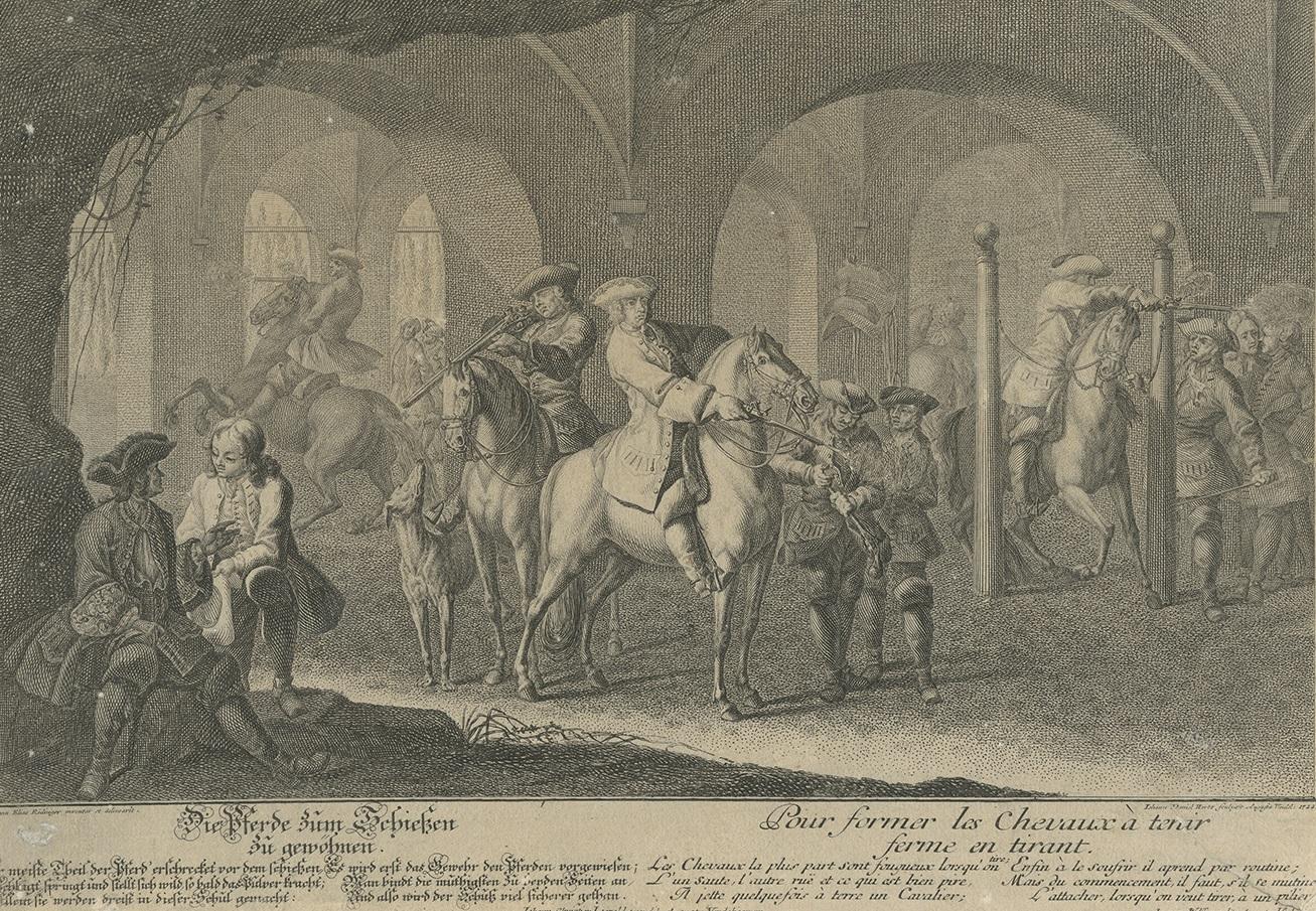 Ancienne estampe de cheval entraînant les chevaux pour la chasse par Ridinger, 1722 État moyen - En vente à Langweer, NL