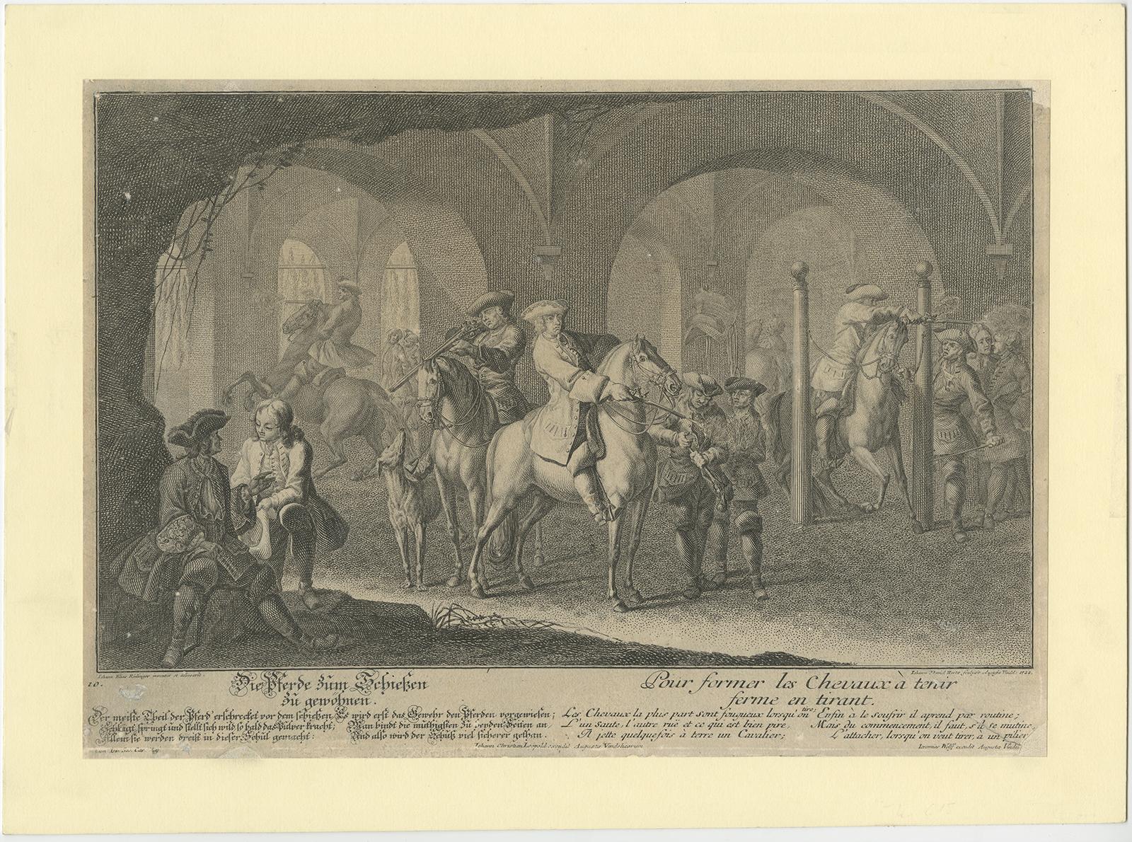 XVIIIe siècle Ancienne estampe de cheval entraînant les chevaux pour la chasse par Ridinger, 1722 en vente