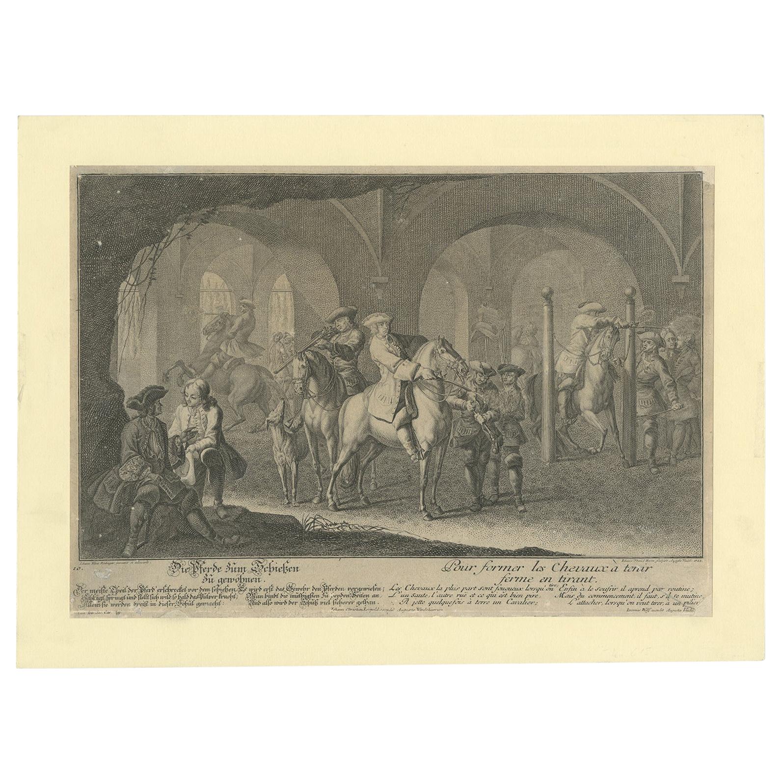 Ancienne estampe de cheval entraînant les chevaux pour la chasse par Ridinger, 1722
