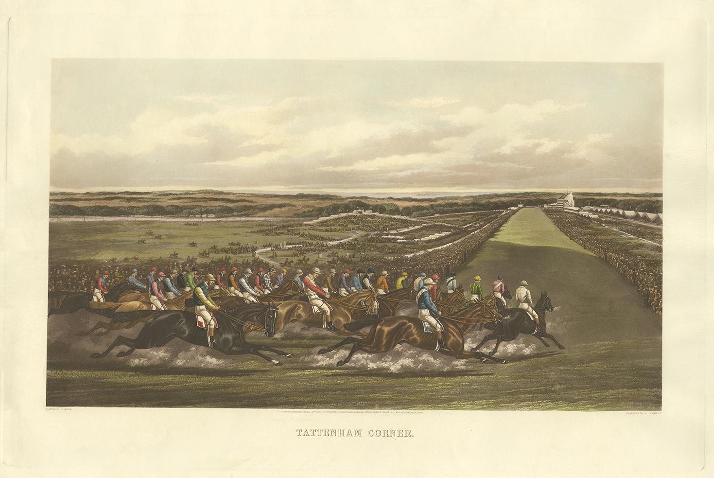 Antique print titled 'Tattenham Corner'. Beautiful and large horse racing print made after a painting by H. Alken. The blind stamp reads 'Etching - RM 1900- Engraving'.