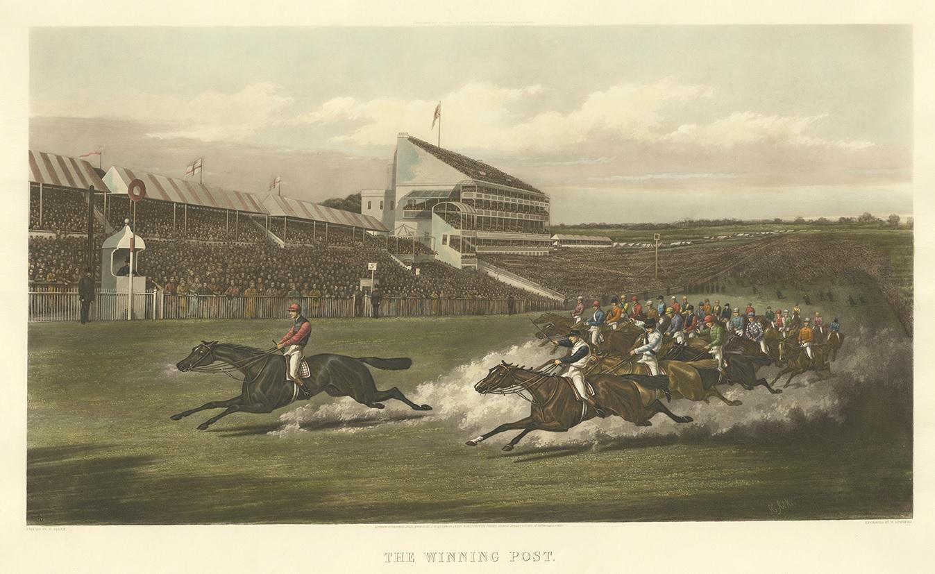 Antique print titled 'The winning post'. Beautiful and large horse racing print made after a painting by H. Alken. The blind stamp reads 'Etching - RM 1900- Engraving'.