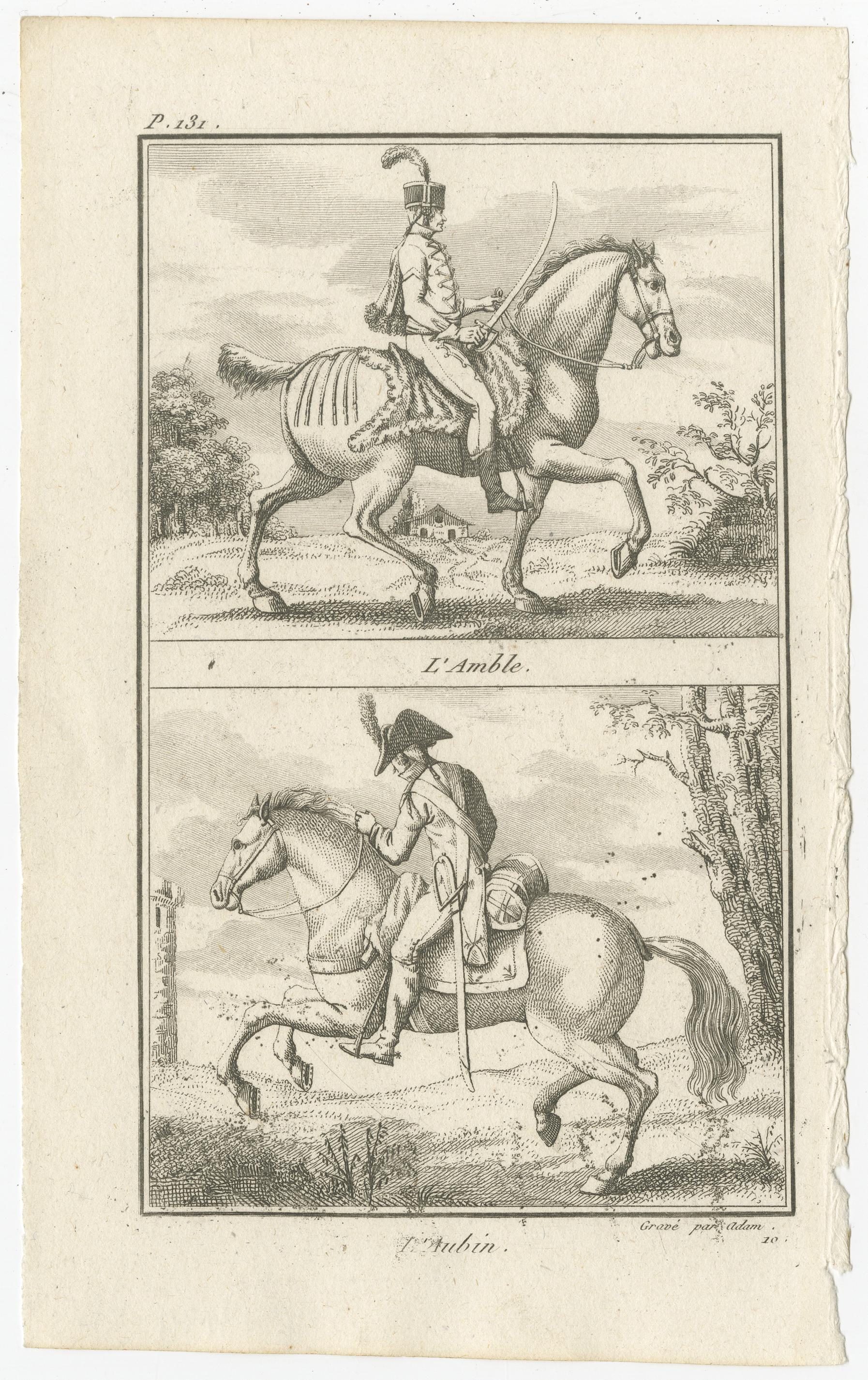 Antiker Druck mit dem Titel 'L'Amble - l'Aubin'. Zwei Bilder auf einem Blatt, jeweils mit einem Reiter auf einem Pferd, der die jeweilige Reitfigur ausführt. Dieser Druck stammt aus 