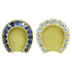 Antique Horse Shoe Cufflink 14K Yellow Gold Old cut Diamonds and Blue Sapphire