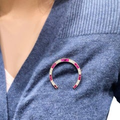 Antique Horse Shoe Diamond Burma Ruby Platinum Brooch