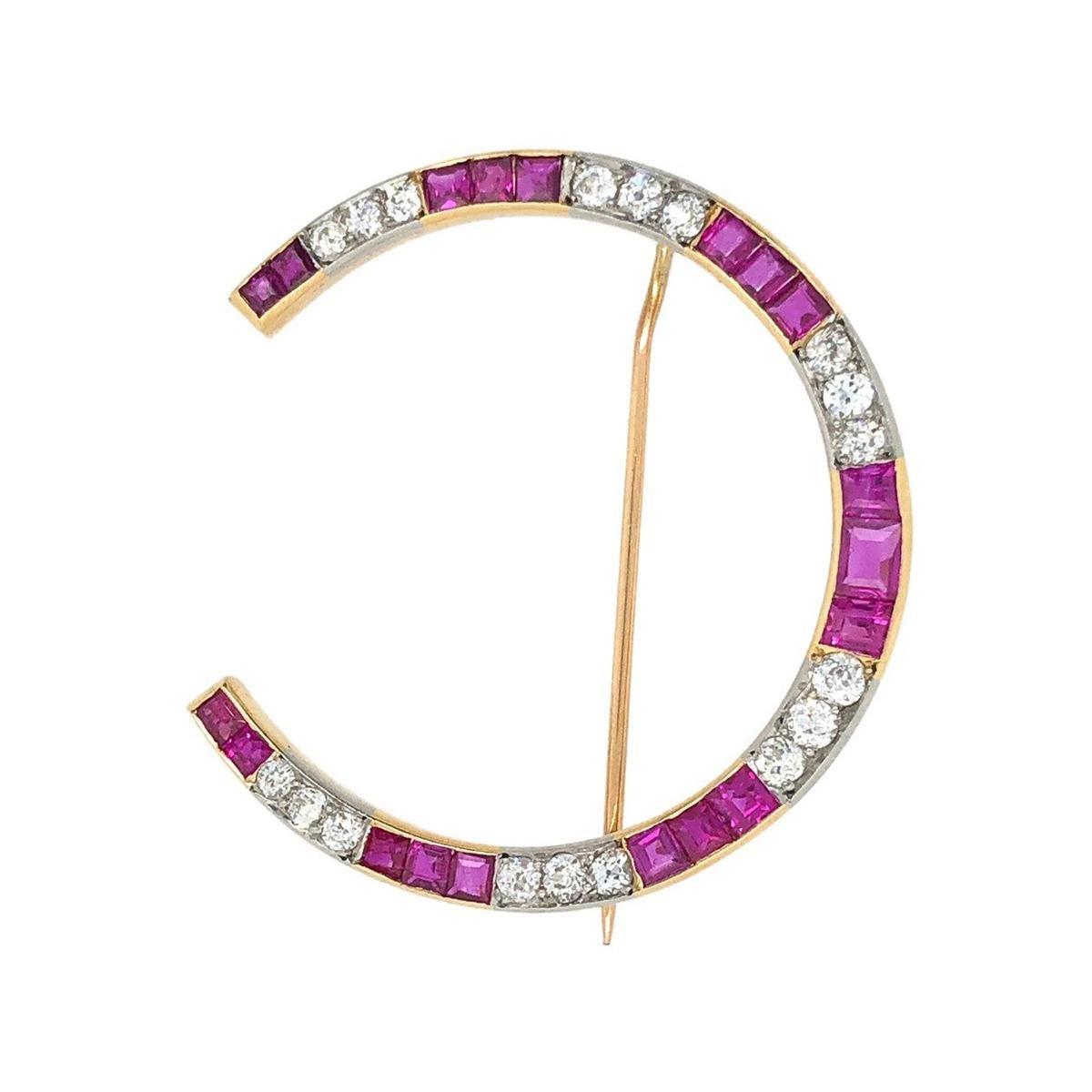 Antique Horse Shoe Diamond Burma Ruby Platinum Brooch For Sale