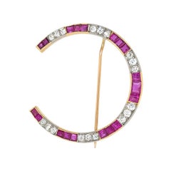 Antique Horse Shoe Diamond Burma Ruby Platinum Brooch