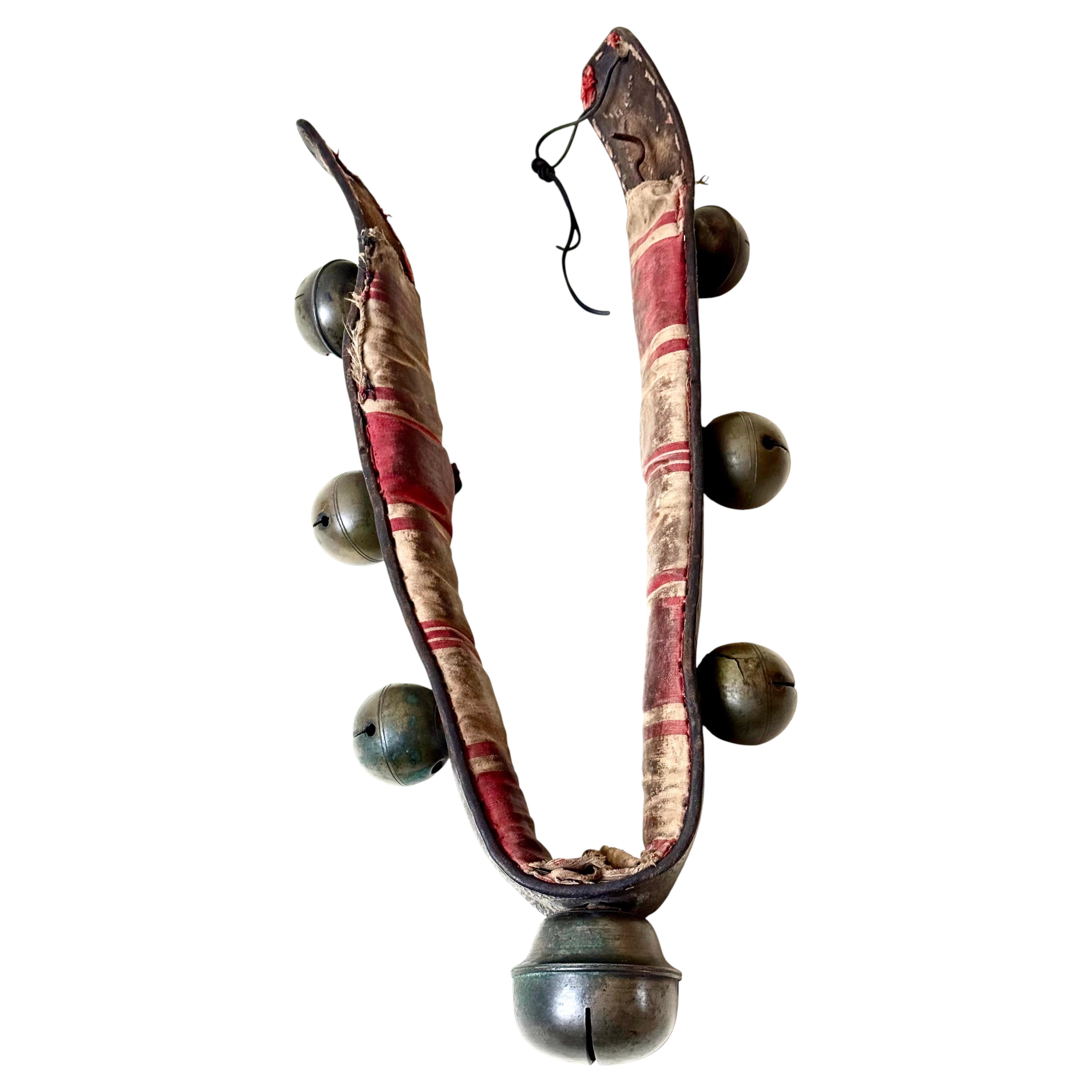 Antique Horse Sleigh Bells on Original Leather Collar, c. 1880–1900