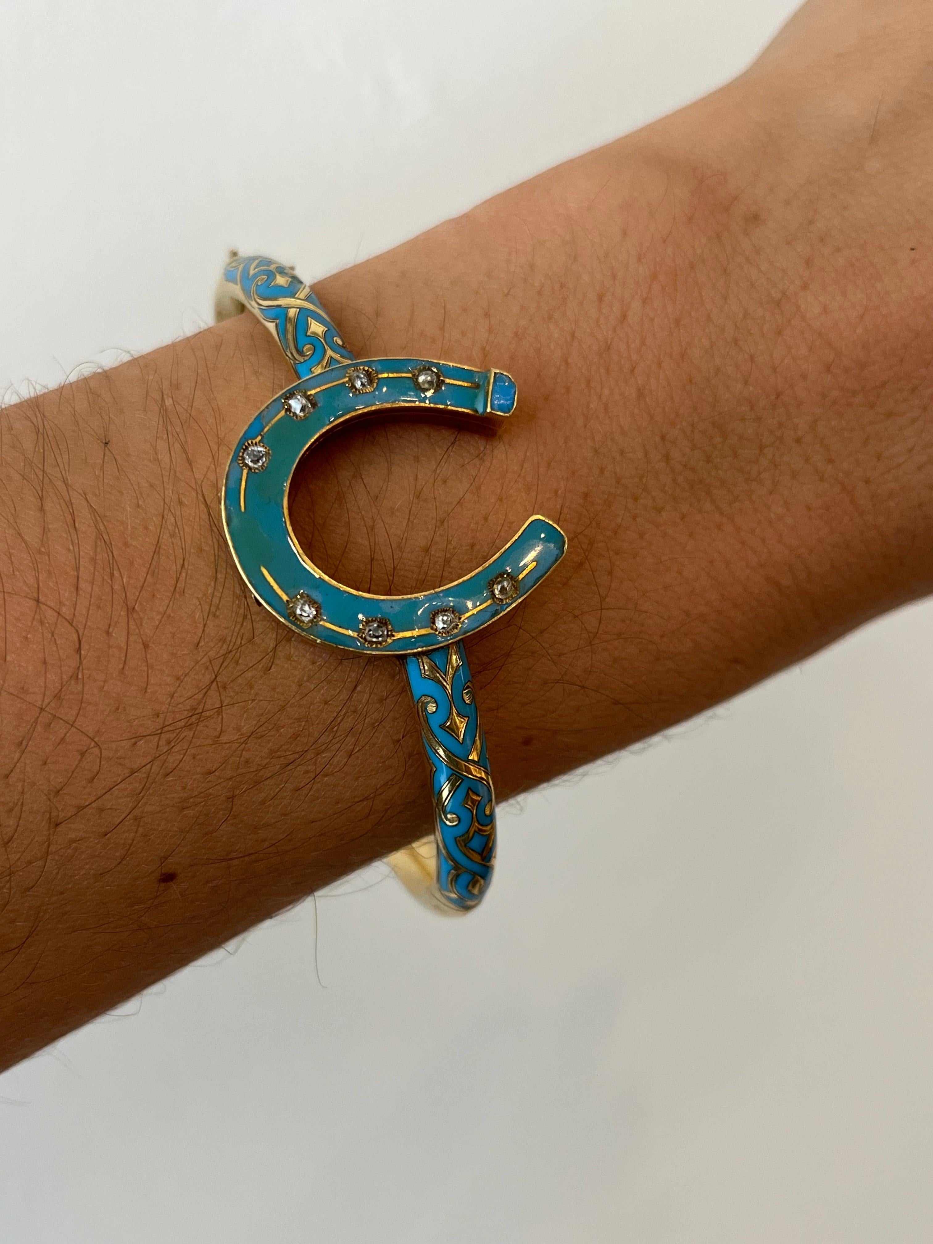 Antique Horseshoe Bangle Bracelet – Blue Enamel, Old Mine Cut Diamonds, c1880 For Sale 7