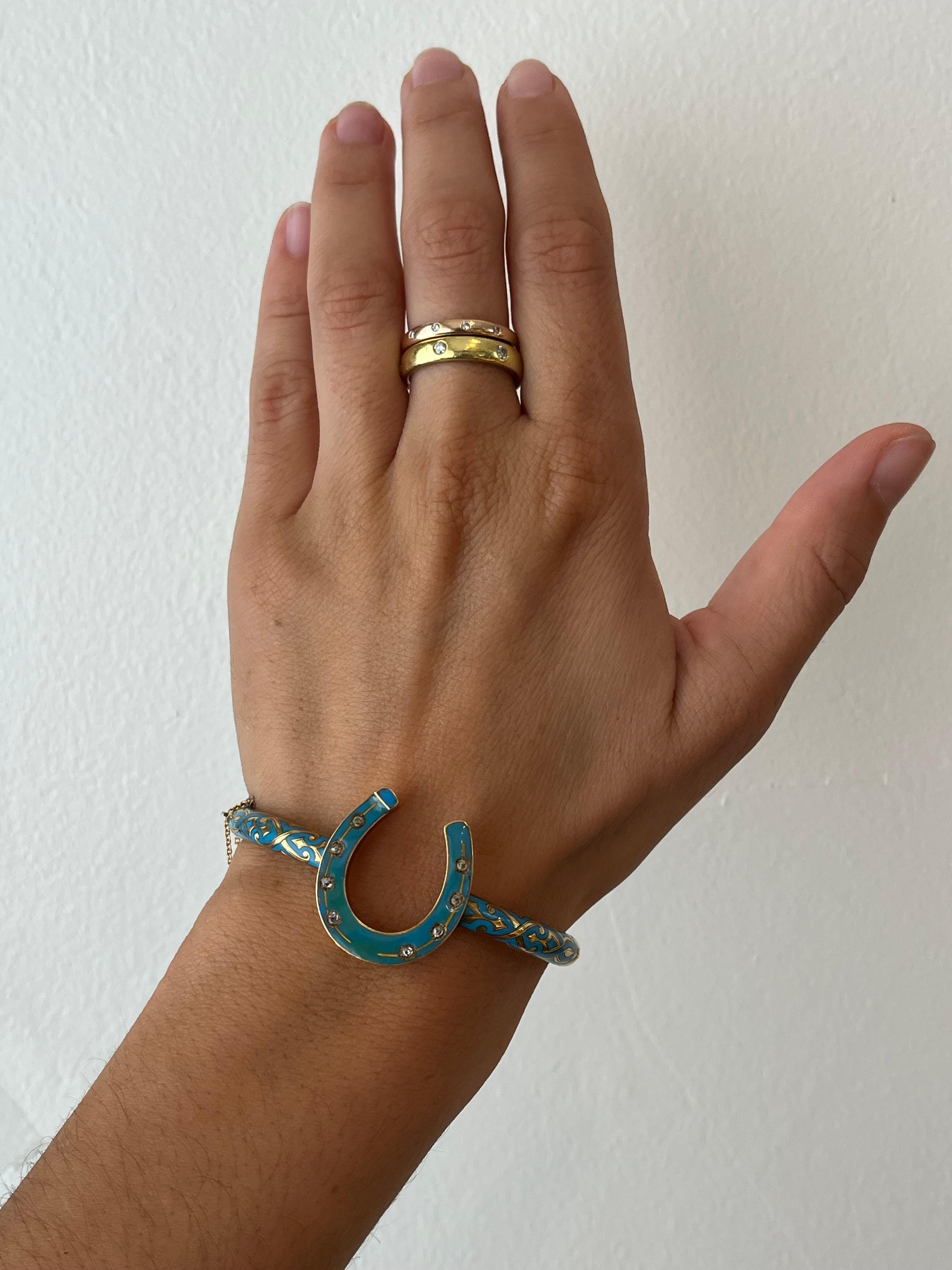 Antique Horseshoe Bangle Bracelet – Blue Enamel, Old Mine Cut Diamonds, c1880 For Sale 8