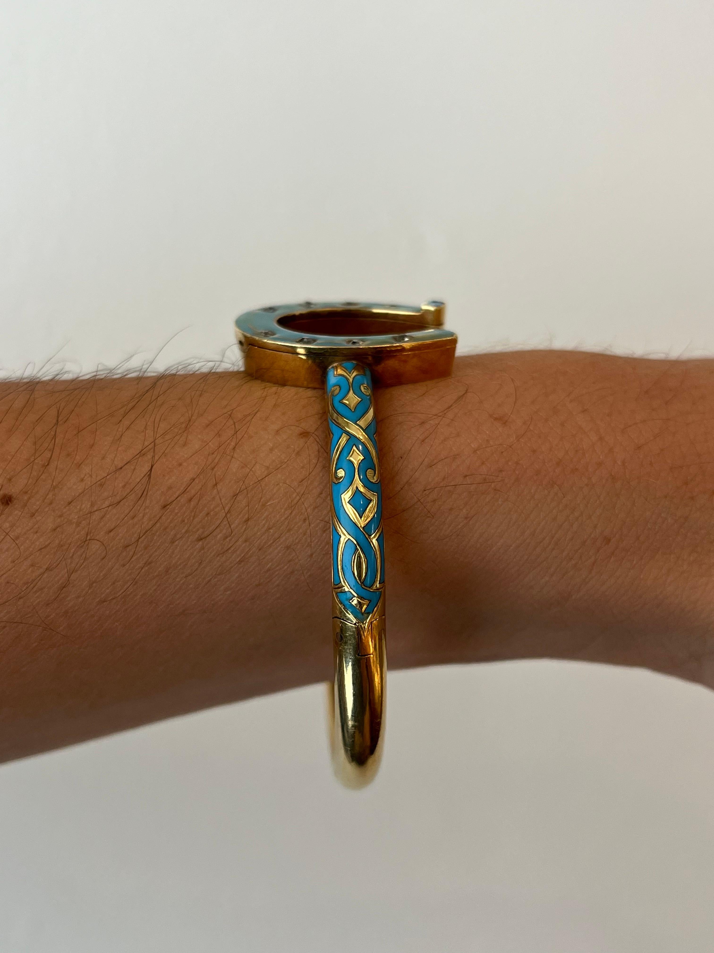 Antique Horseshoe Bangle Bracelet – Blue Enamel, Old Mine Cut Diamonds, c1880 For Sale 9