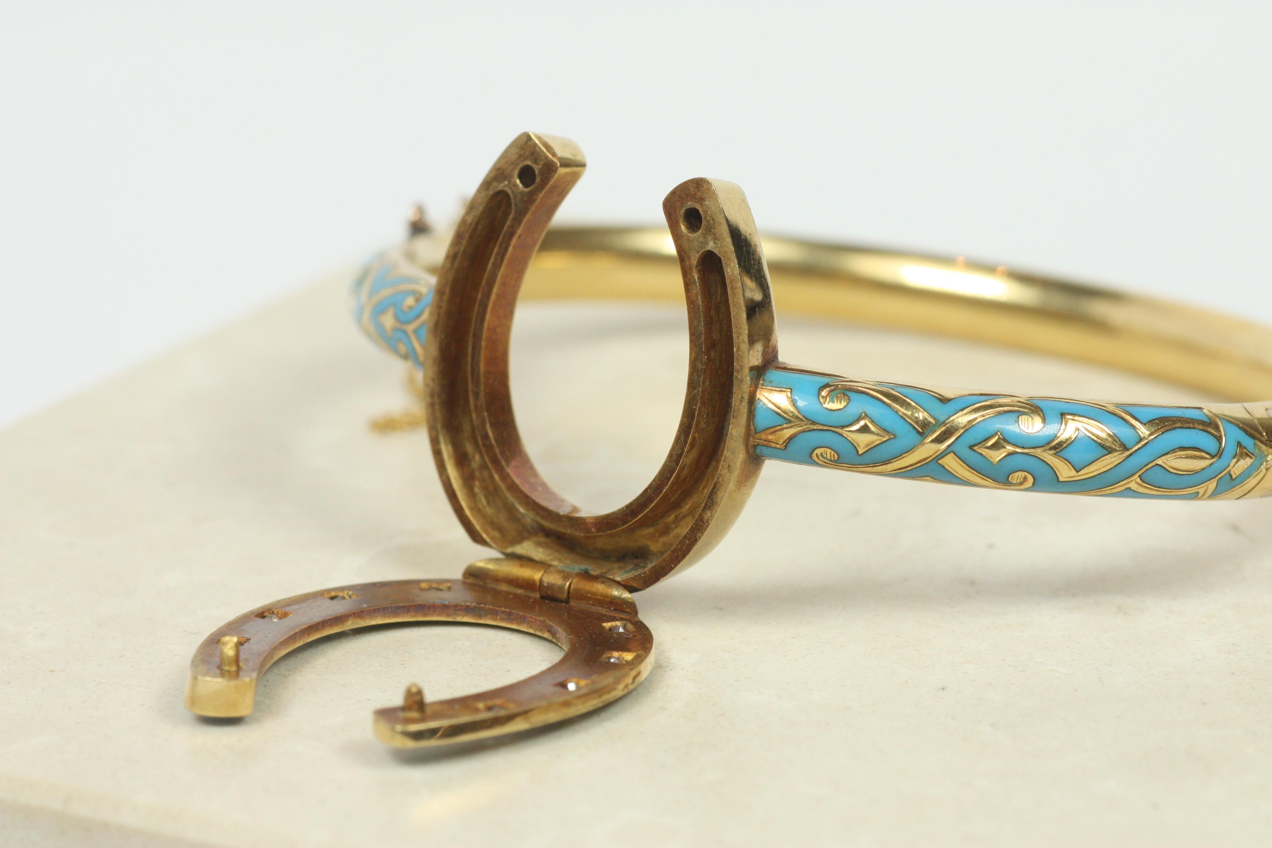 Antique Horseshoe Bangle Bracelet – Blue Enamel, Old Mine Cut Diamonds, c1880 In Good Condition For Sale In Santa Monica, CA
