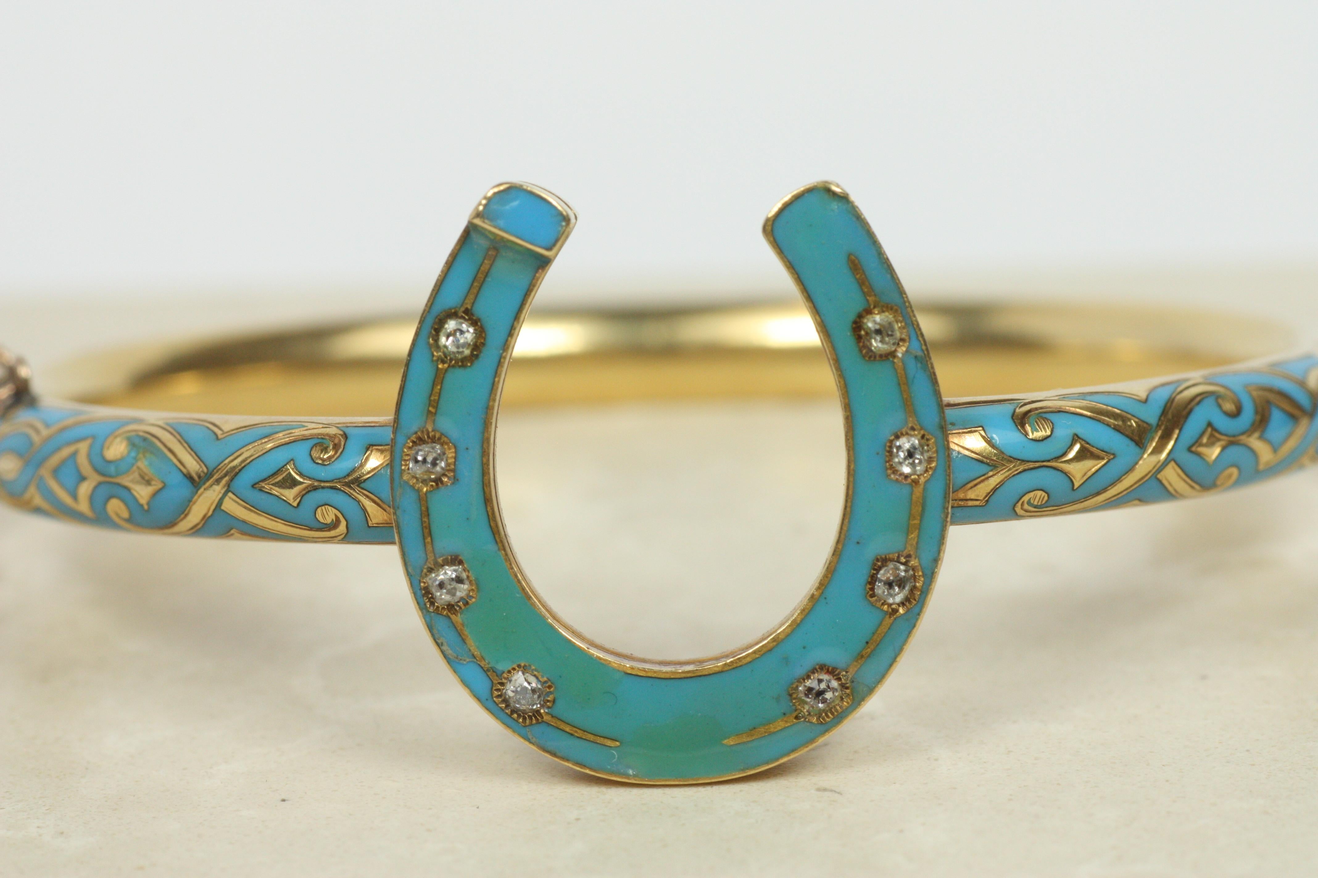 Women's or Men's Antique Horseshoe Bangle Bracelet – Blue Enamel, Old Mine Cut Diamonds, c1880 For Sale
