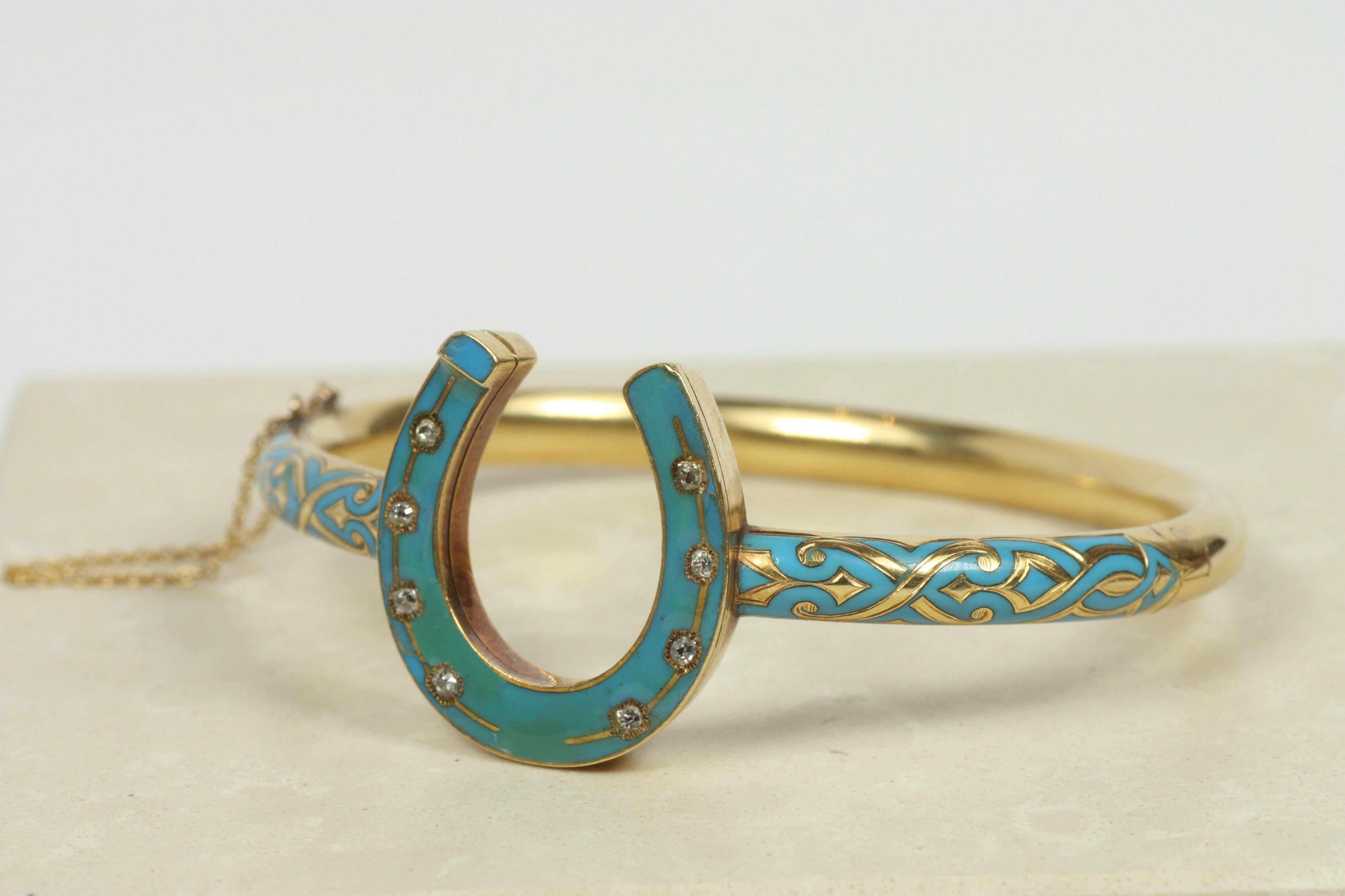 Antique Horseshoe Bangle Bracelet – Blue Enamel, Old Mine Cut Diamonds, c1880 For Sale 1