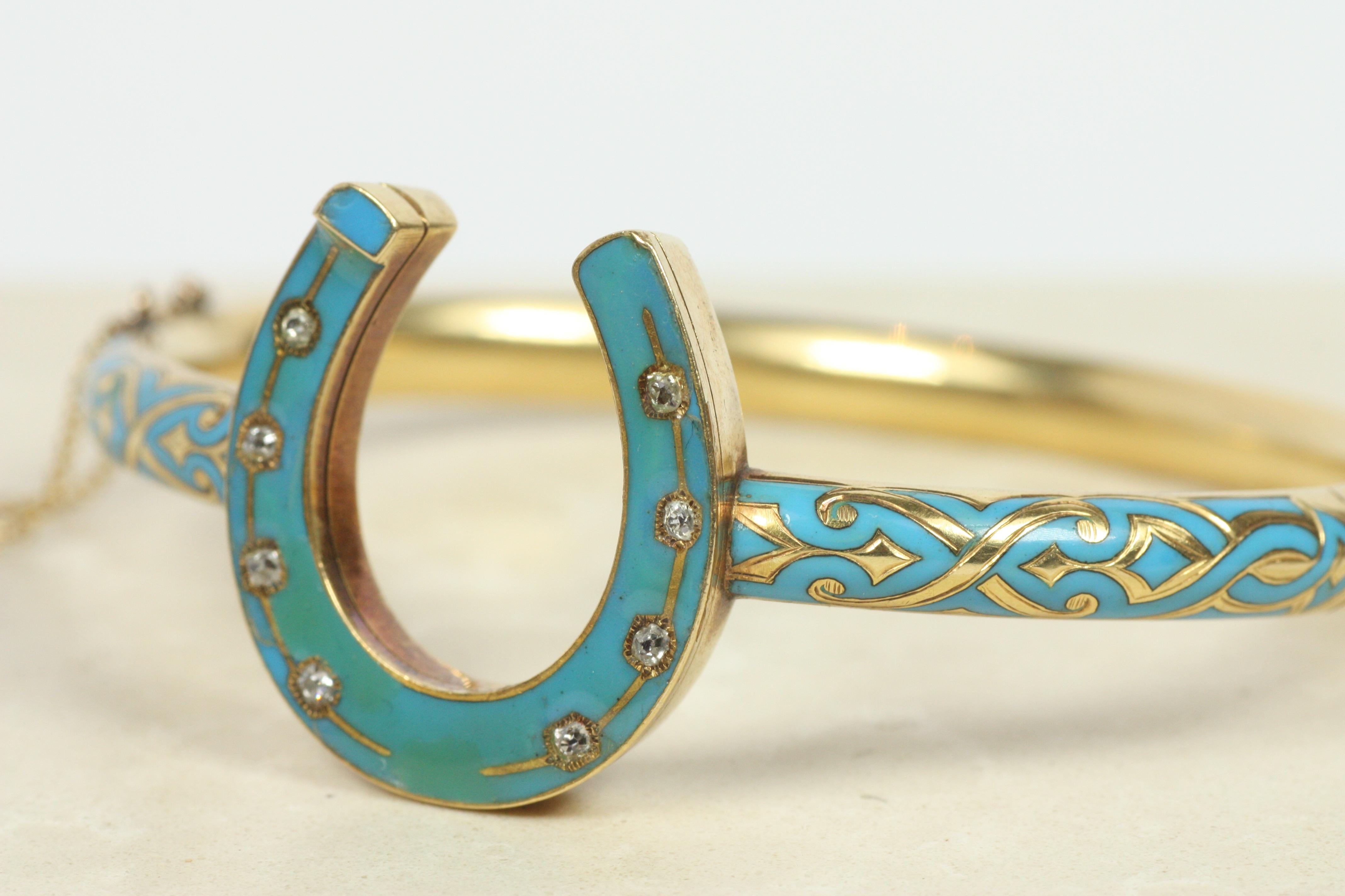 Antique Horseshoe Bangle Bracelet – Blue Enamel, Old Mine Cut Diamonds, c1880 For Sale 2