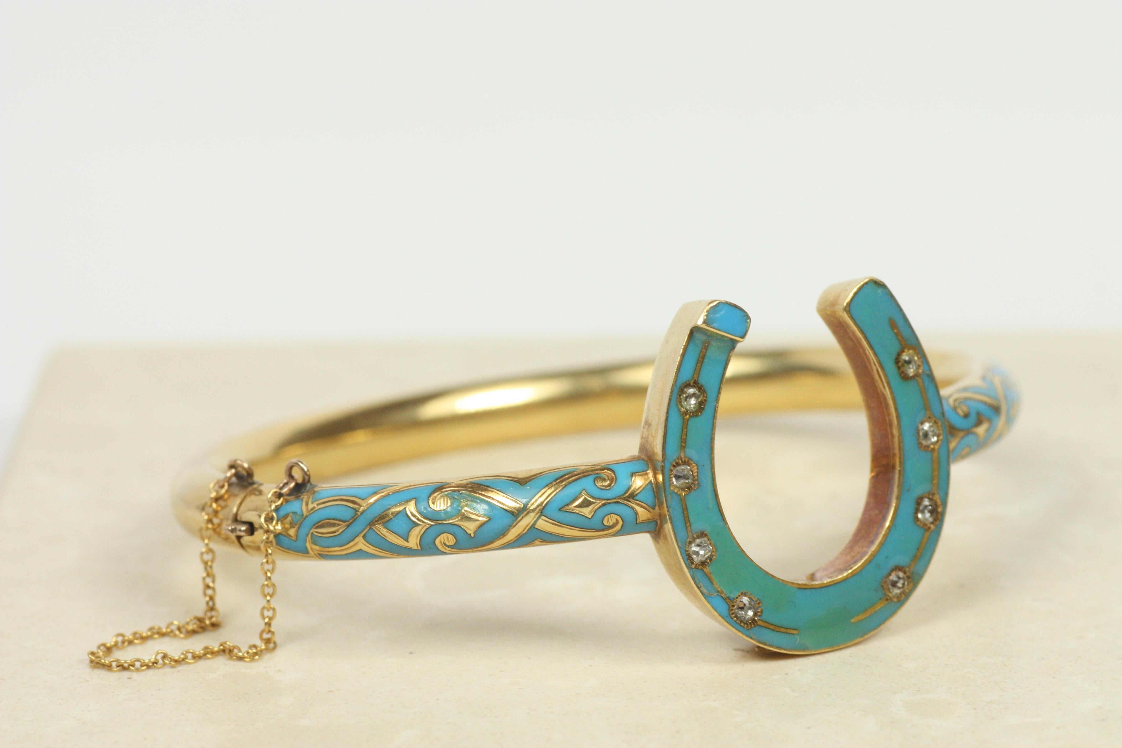 Antique Horseshoe Bangle Bracelet – Blue Enamel, Old Mine Cut Diamonds, c1880 For Sale 3