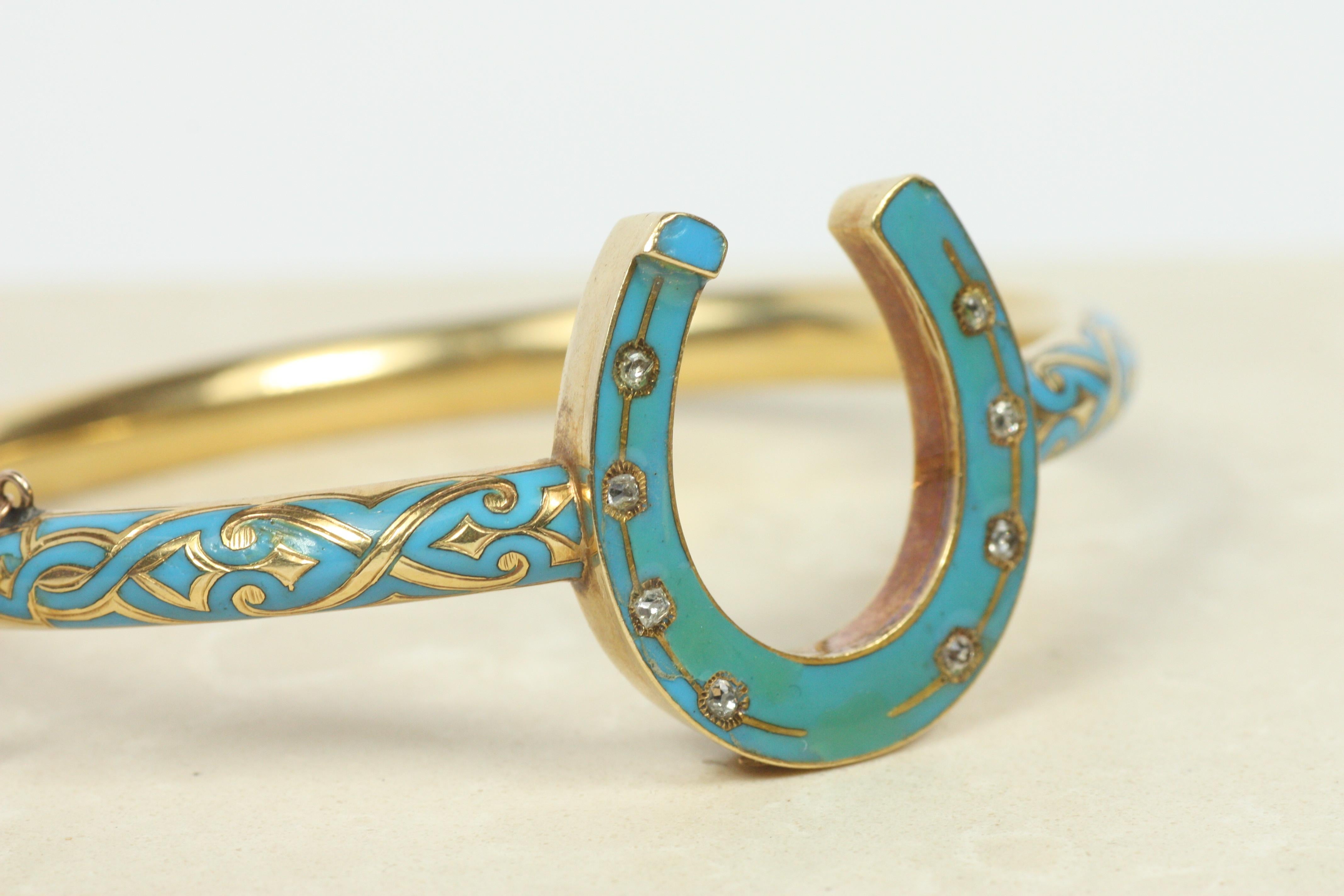 Antique Horseshoe Bangle Bracelet – Blue Enamel, Old Mine Cut Diamonds, c1880 For Sale 4