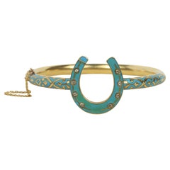 Antique Horseshoe Bangle Bracelet – Blue Enamel, Old Mine Cut Diamonds, c1880