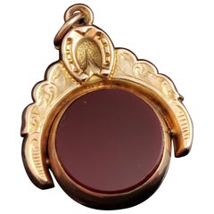 Antique Horseshoe Swivel Fob, Pendant, 9k Gold, Bloodstone and Carnelian