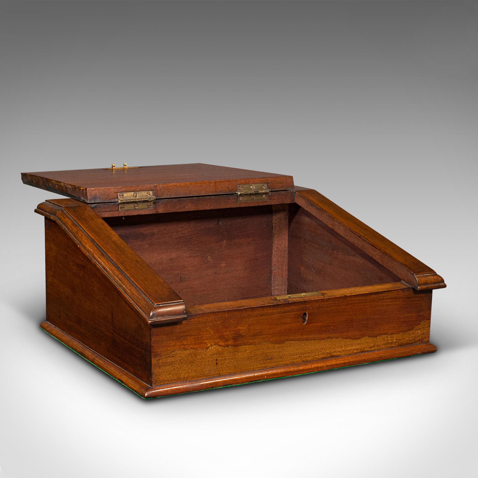 This is an antique hotel reception correspondence box. An English, mahogany writing slope, dating to the Edwardian period, circa 1910.

Graced with wonderful Art Nouveau overtones and of appealing form
Displays a desirable aged patina and in very