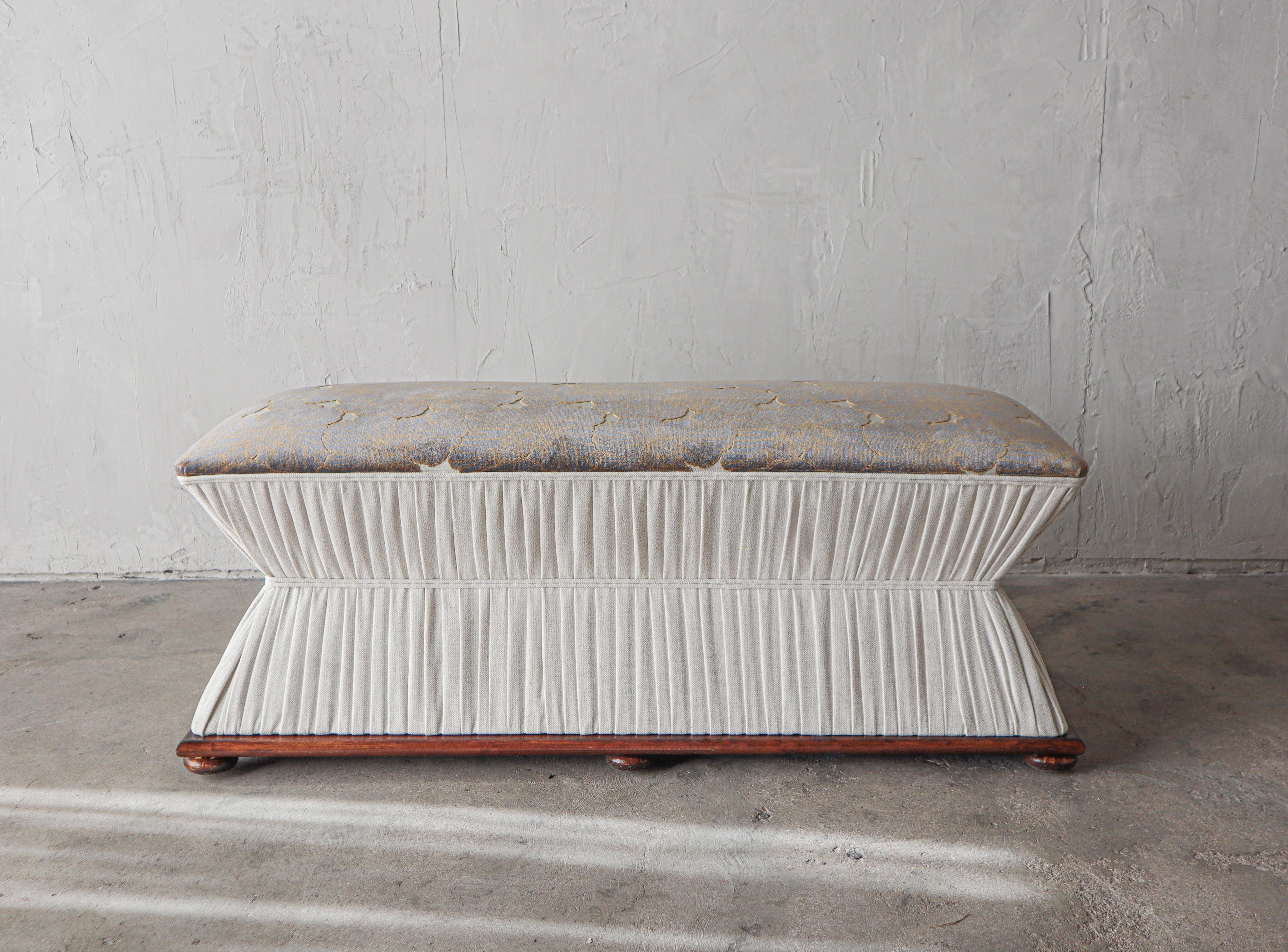 This gorgeous antique, art deco bench is a lovely feminine hourglass shape, that has been refreshed with a stunning burn out velvet on the top and a neutral tweed pleated body. This bench is just lovely.

Installation ready, the bench has been