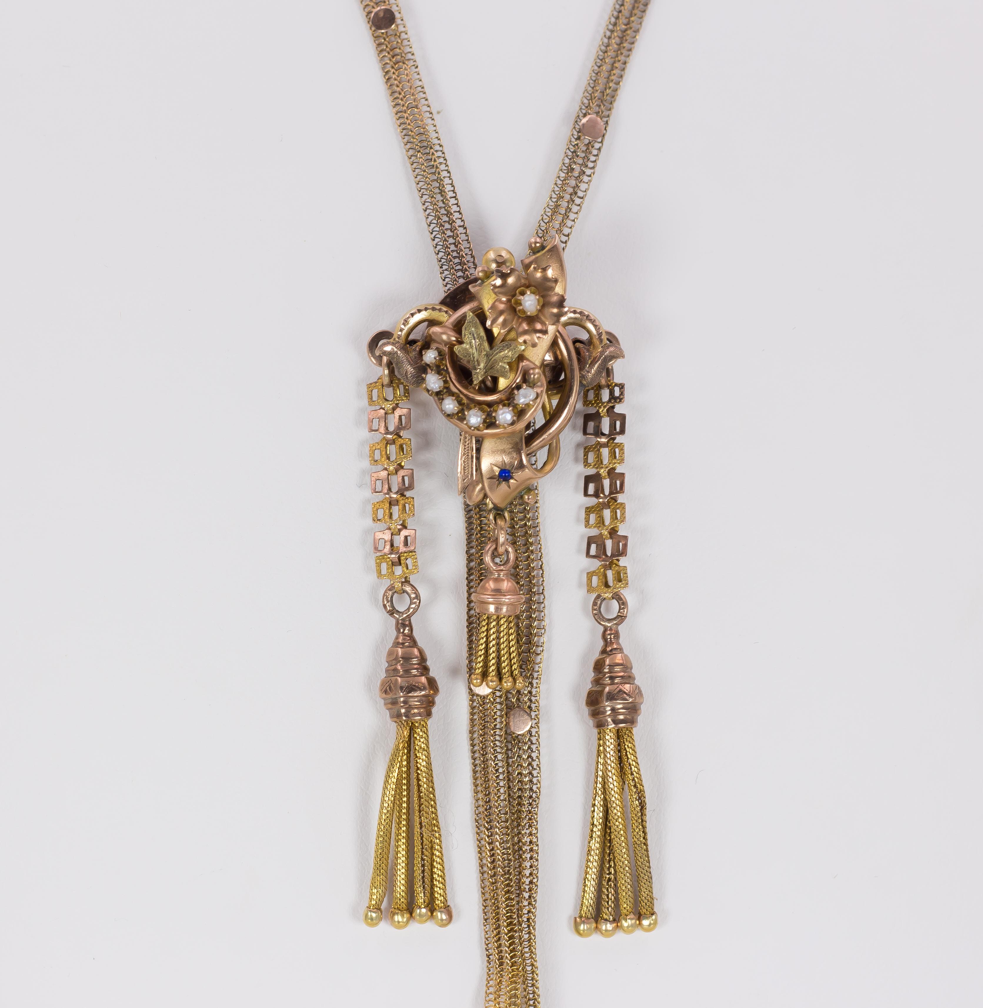 A particular Y-Shaped necklace, dating from the House Bourbon period. It has the typical elements of the period: the low-karat gold, the floral and foliate decorations, the beads and the general aesthetics of the jewel. This necklace is a perfect