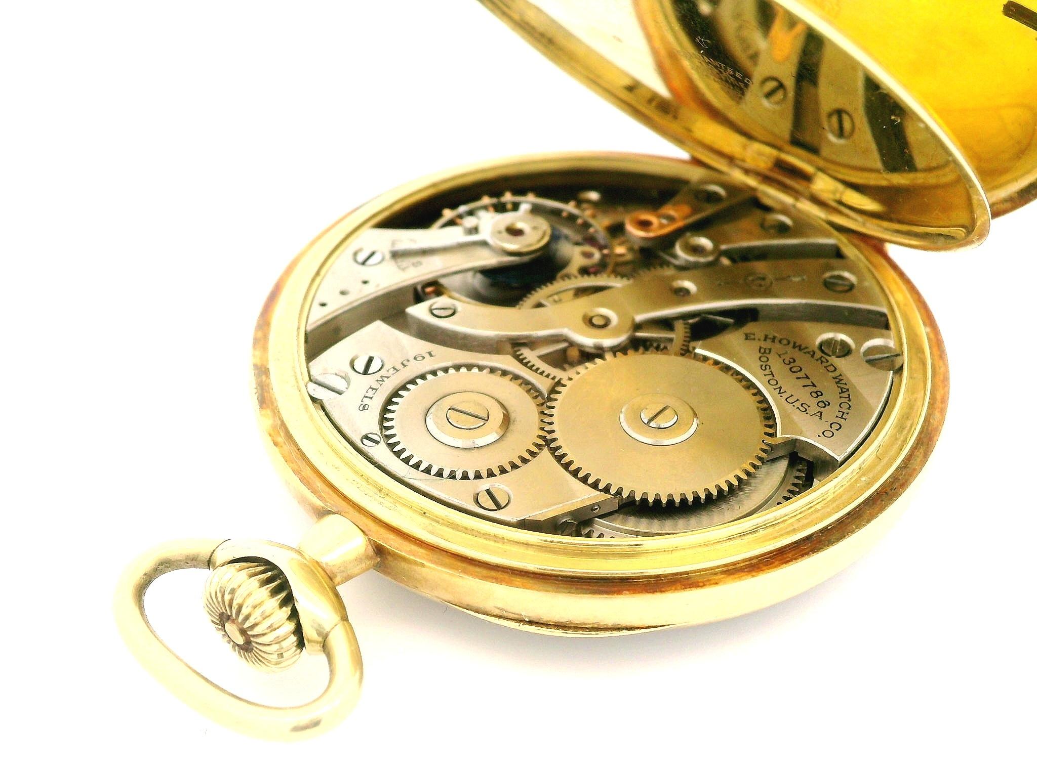 Antique Howard Keystone 14k Gold 45mm Open Face Pocket Watch Size 12s Model 1912 In Good Condition For Sale In Montclair, NJ