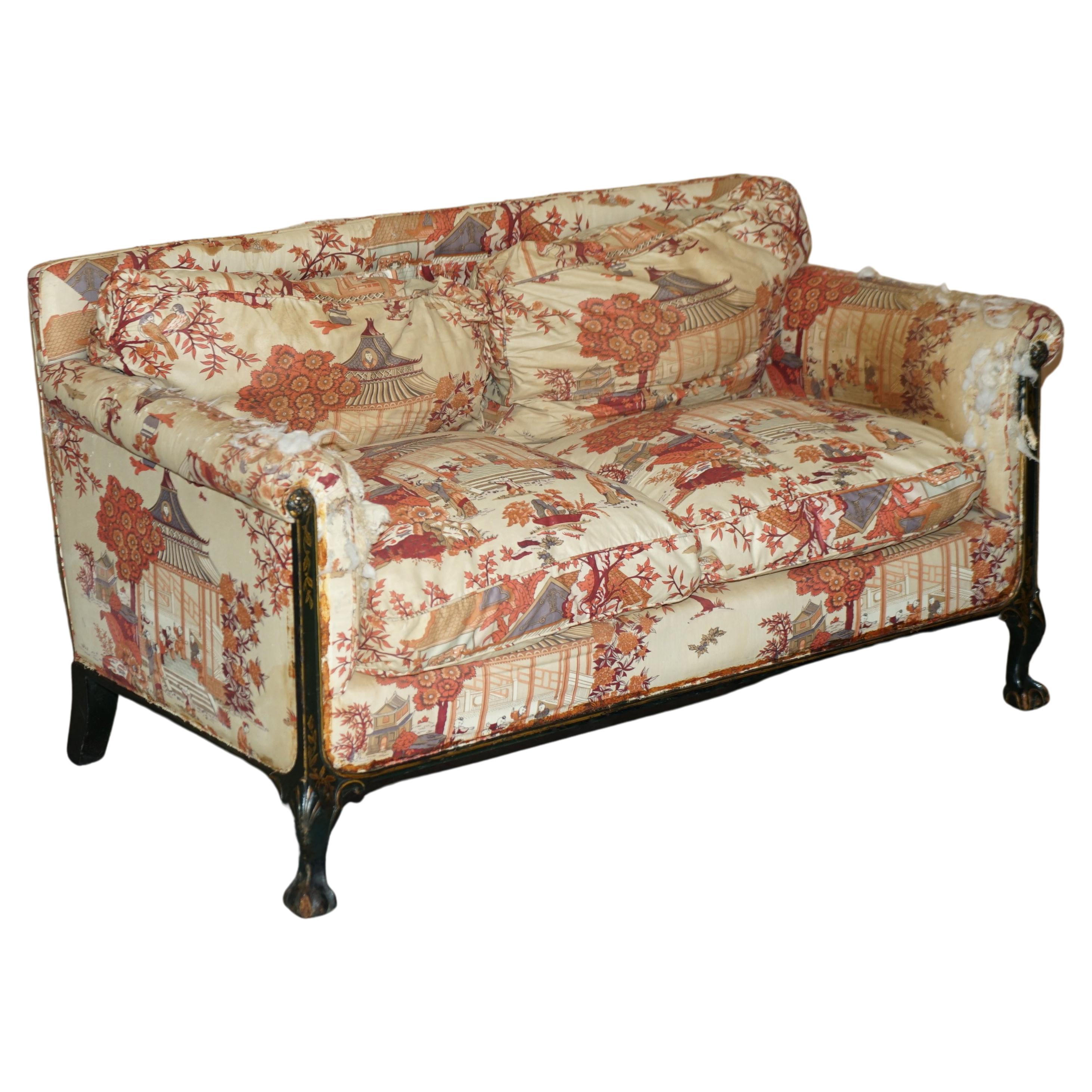 Antique Howard & Sons Aesthetic Movement Sofa Claw & Ball Feet Chinoiserie Fabic For Sale