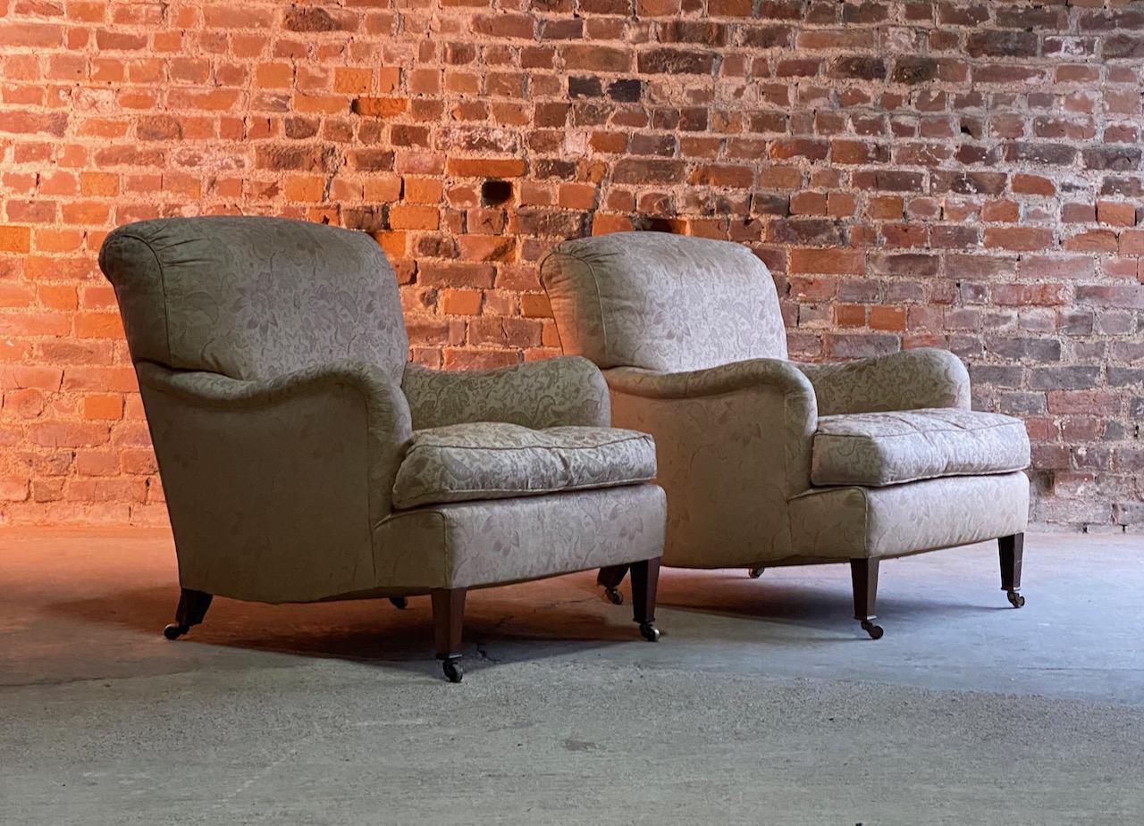 Antique Howard & Sons Bridgewater armchairs 19th century, circa 1890.

A magnificent pair of antique 19th century Howard & Sons deep seated Bridgewater armchairs circa 1890, these original Bridgewater armchairs with loose cushion back are of