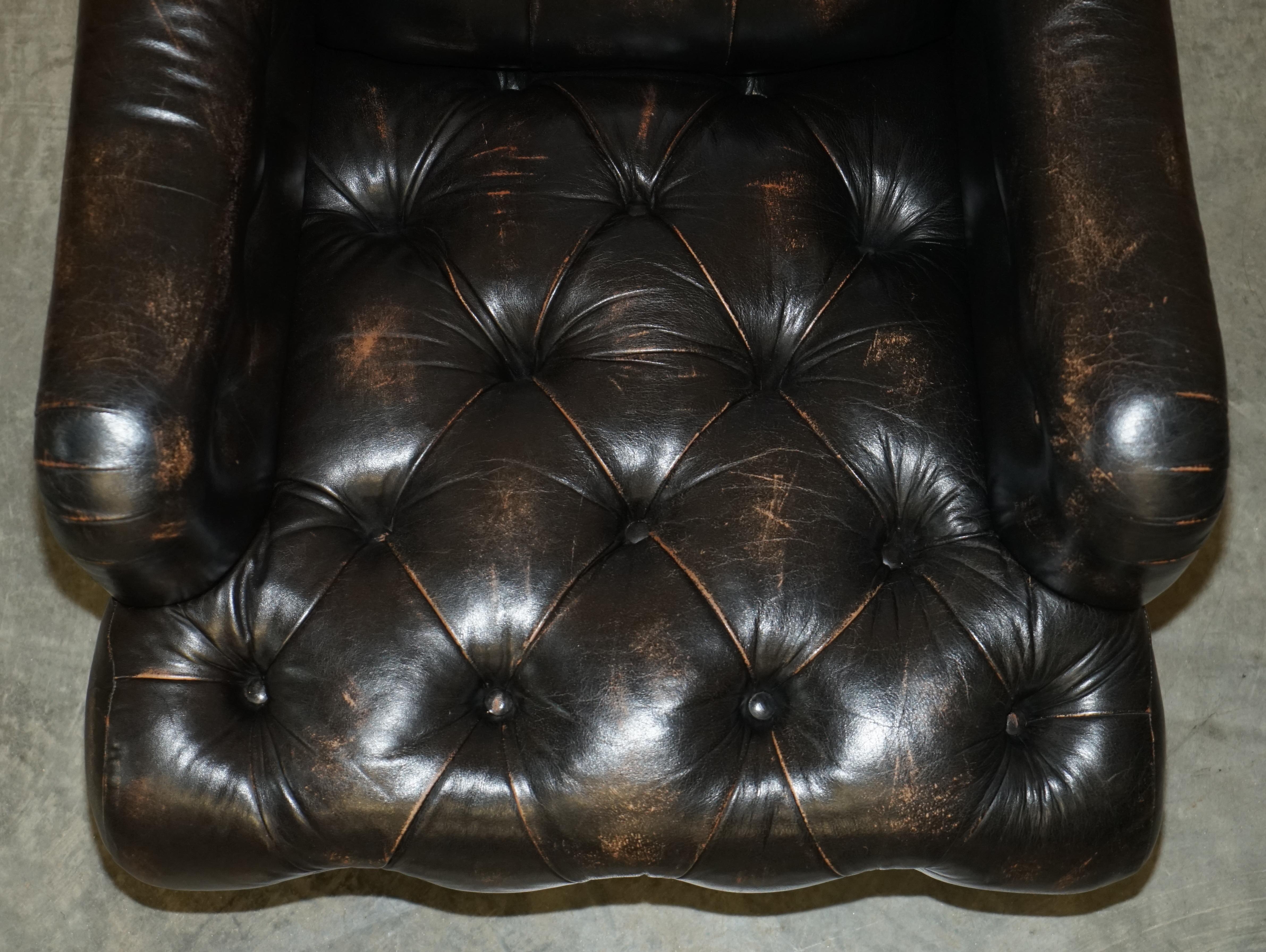 Antique Howard & Son's Bridgewater Style Black Leather Chesterfield Armchair For Sale 9