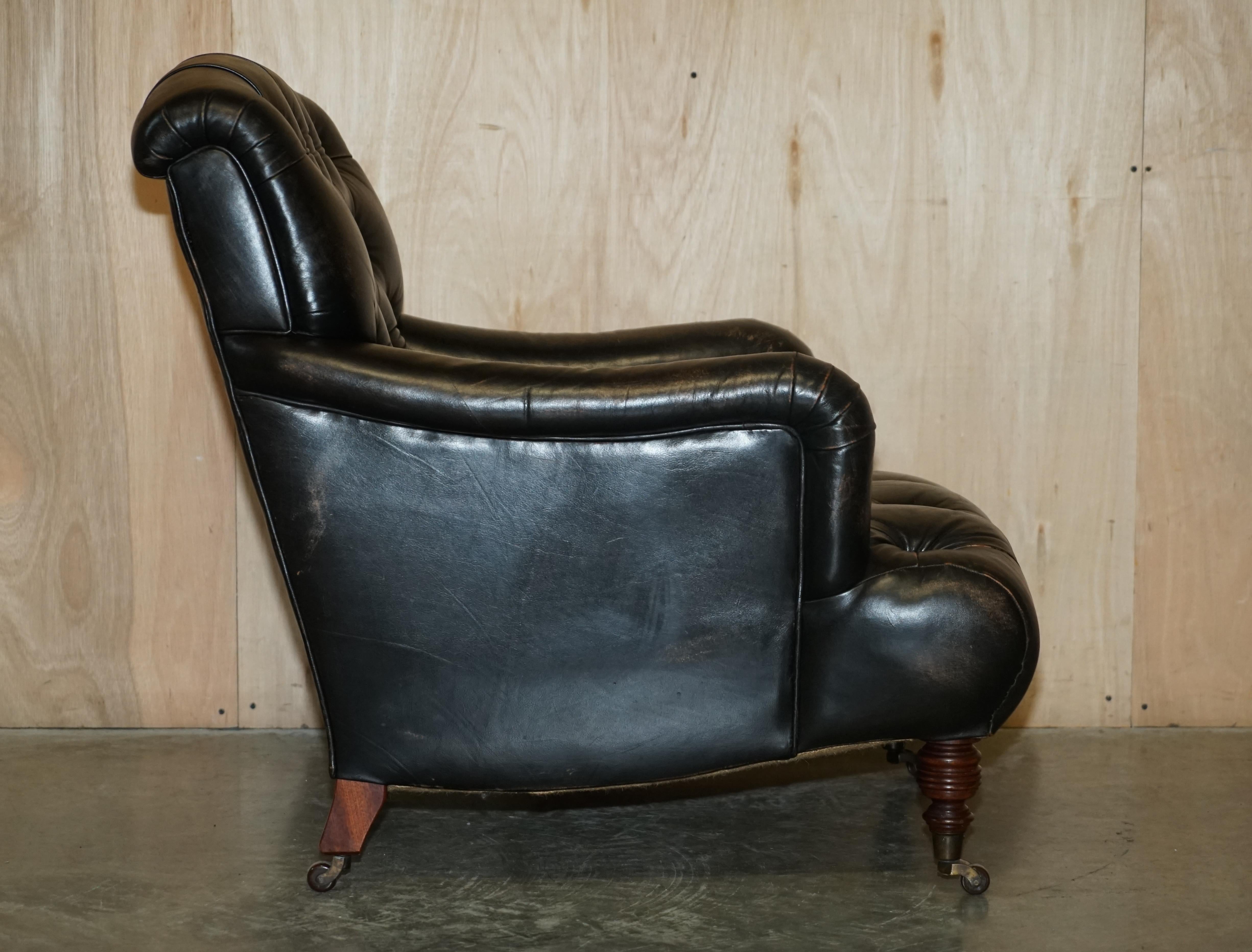 Antique Howard & Son's Bridgewater Style Black Leather Chesterfield Armchair For Sale 10