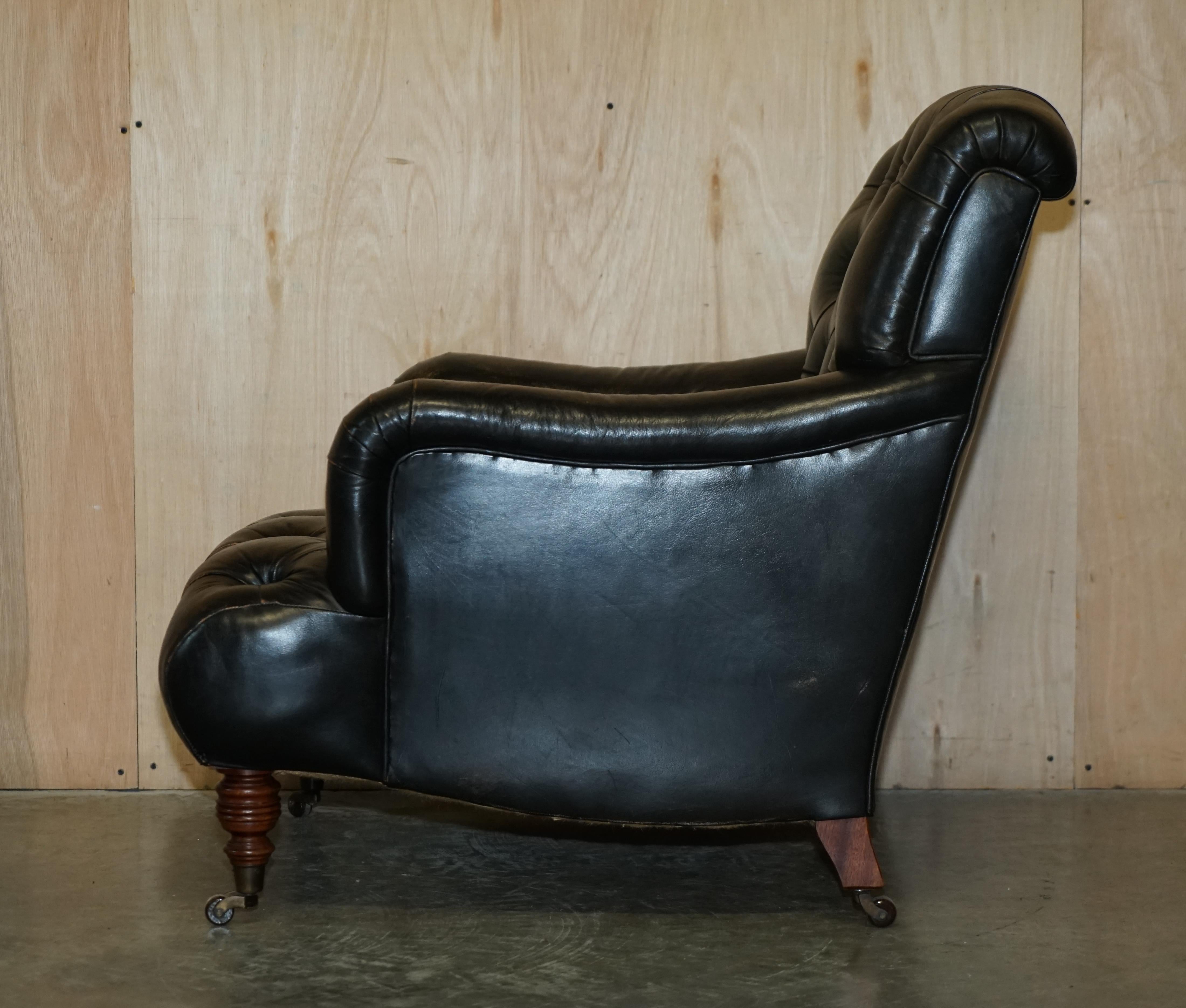 Antique Howard & Son's Bridgewater Style Black Leather Chesterfield Armchair For Sale 12
