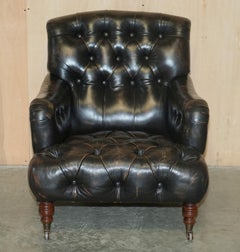 Antique Howard & Son's Bridgewater Style Black Leather Chesterfield Armchair
