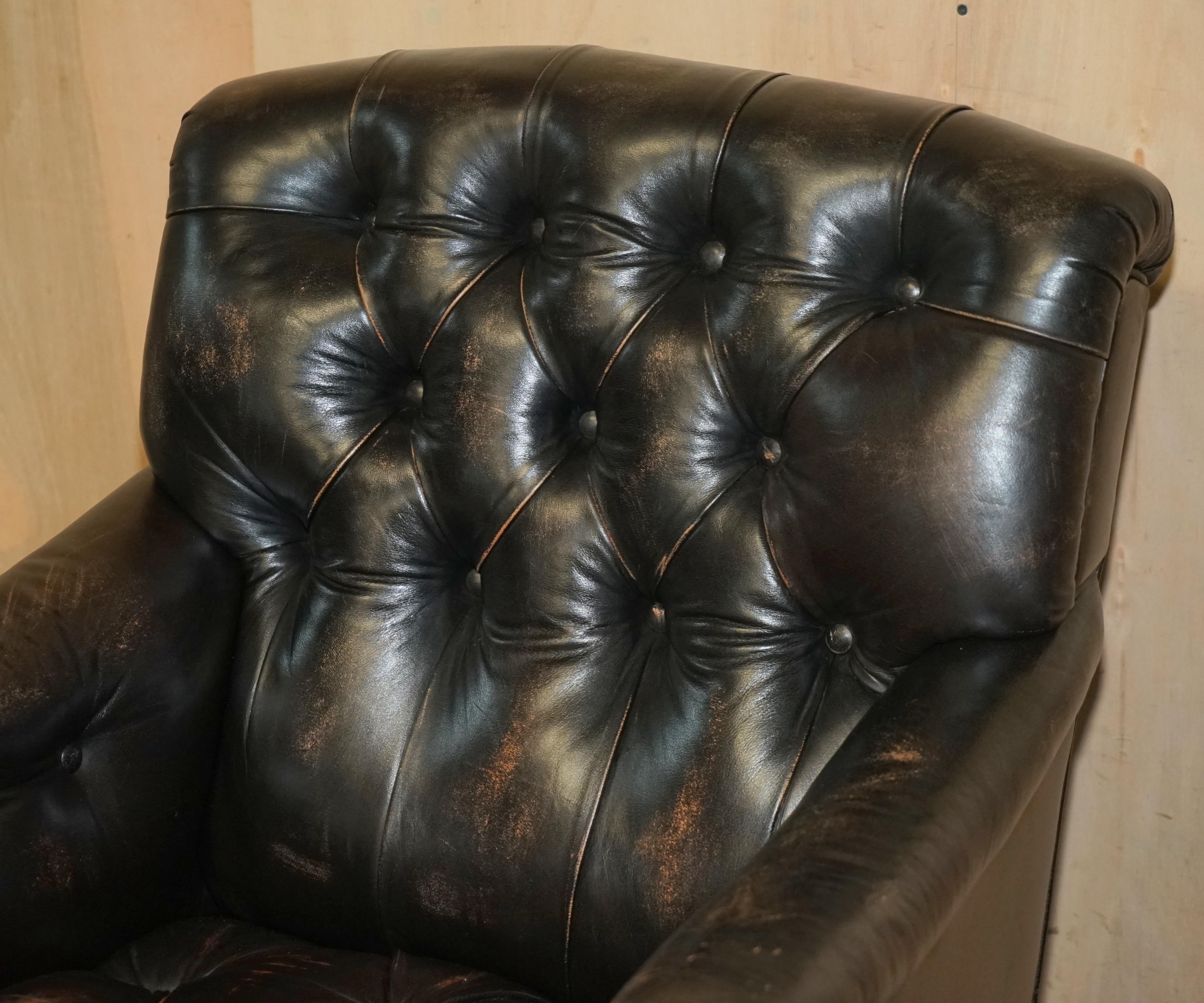 English Antique Howard & Son's Bridgewater Style Black Leather Chesterfield Armchair For Sale